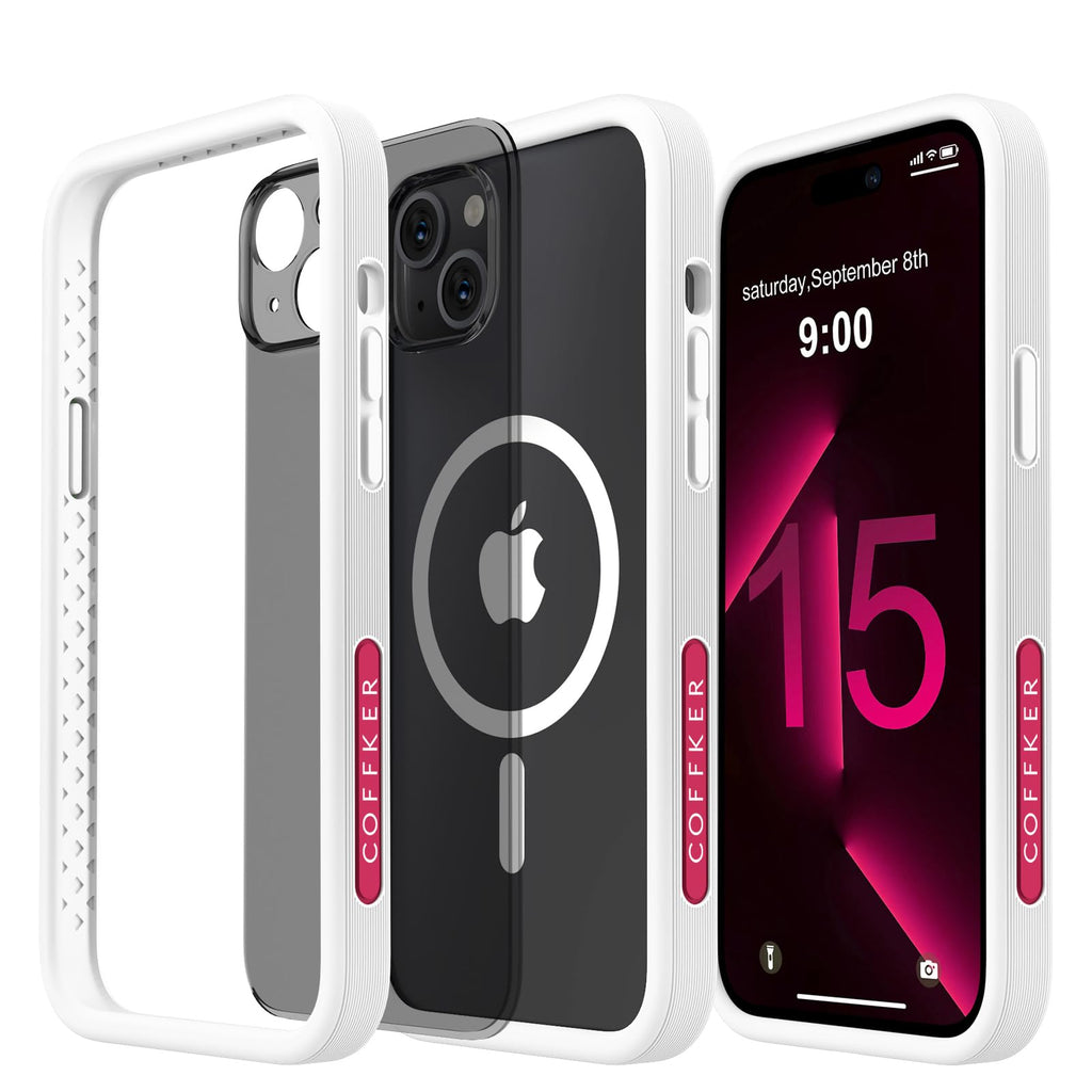 COFFKER Silicone Magnetic for iPhone 15 Case [Compatible with Magsafe] 2 Pack [Anti-Scratch] Clear & Matte Back Slim Thin Shockproof Protective Bumper Phone Case for iPhone 15 6.1" White