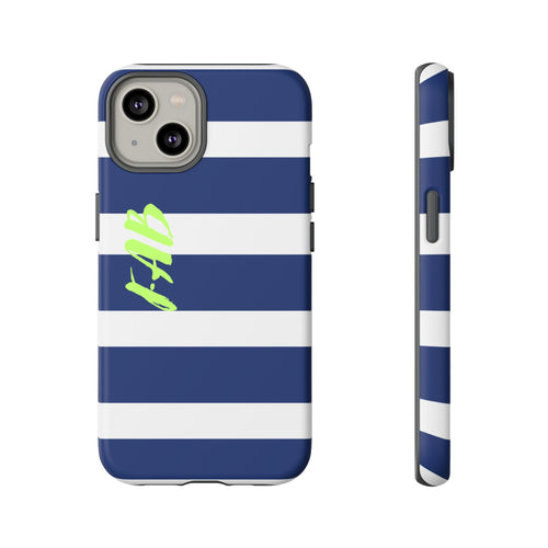 Navy Striped Tough Phone Case — 'Fab' Neon Script Protective Cover