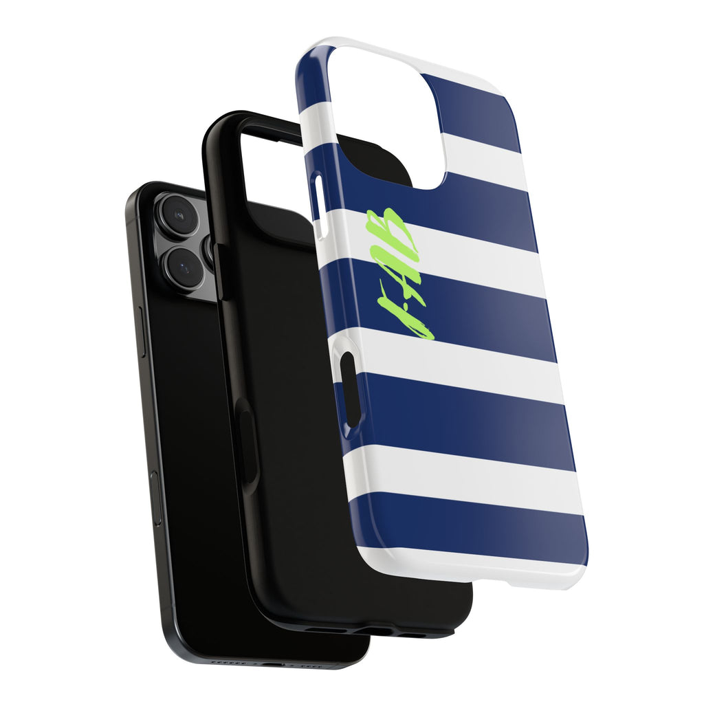 Navy Striped Tough Phone Case — 'Fab' Neon Script Protective Cover