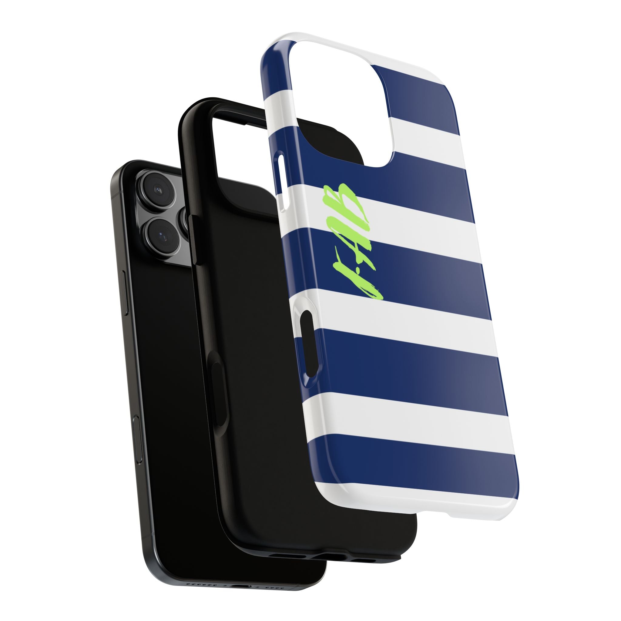 Navy Striped Tough Phone Case — 'Fab' Neon Script Protective Cover