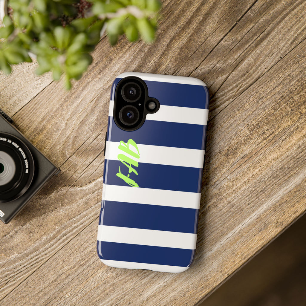 Navy Striped Tough Phone Case — 'Fab' Neon Script Protective Cover