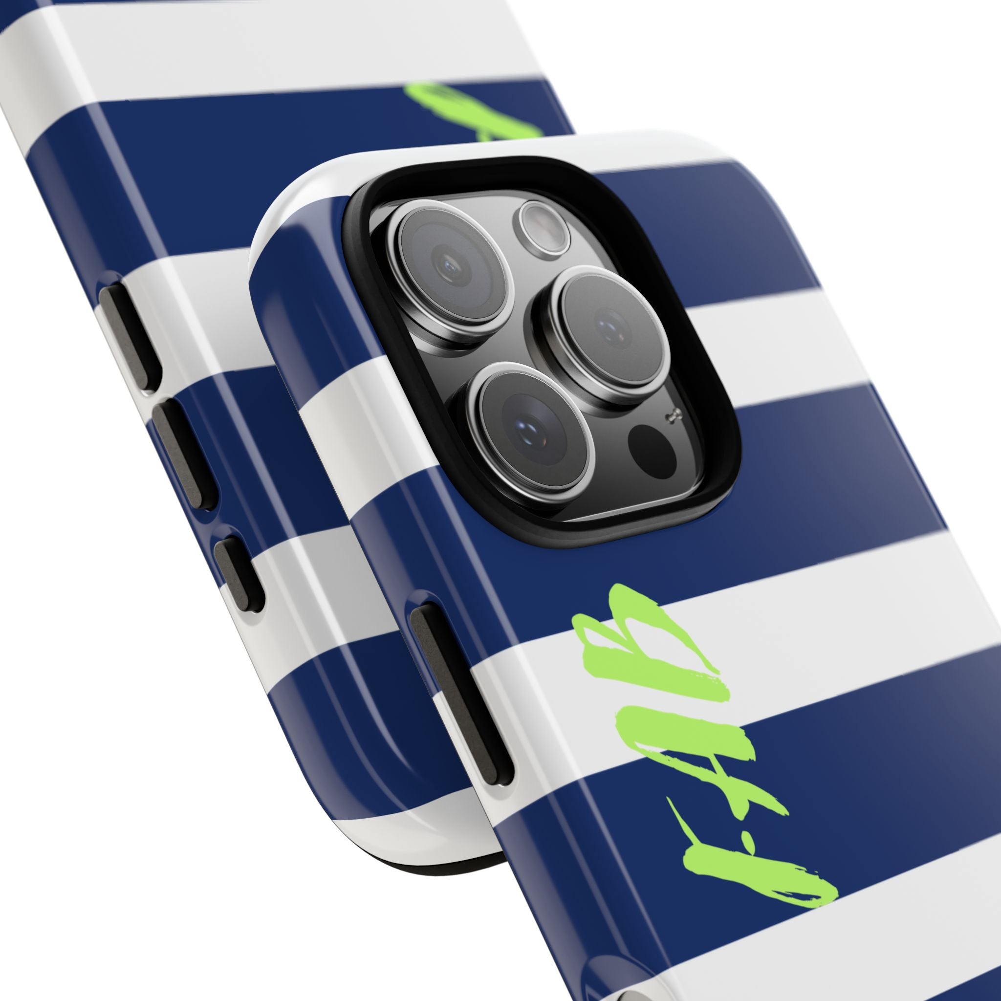 Navy Striped Tough Phone Case — 'Fab' Neon Script Protective Cover