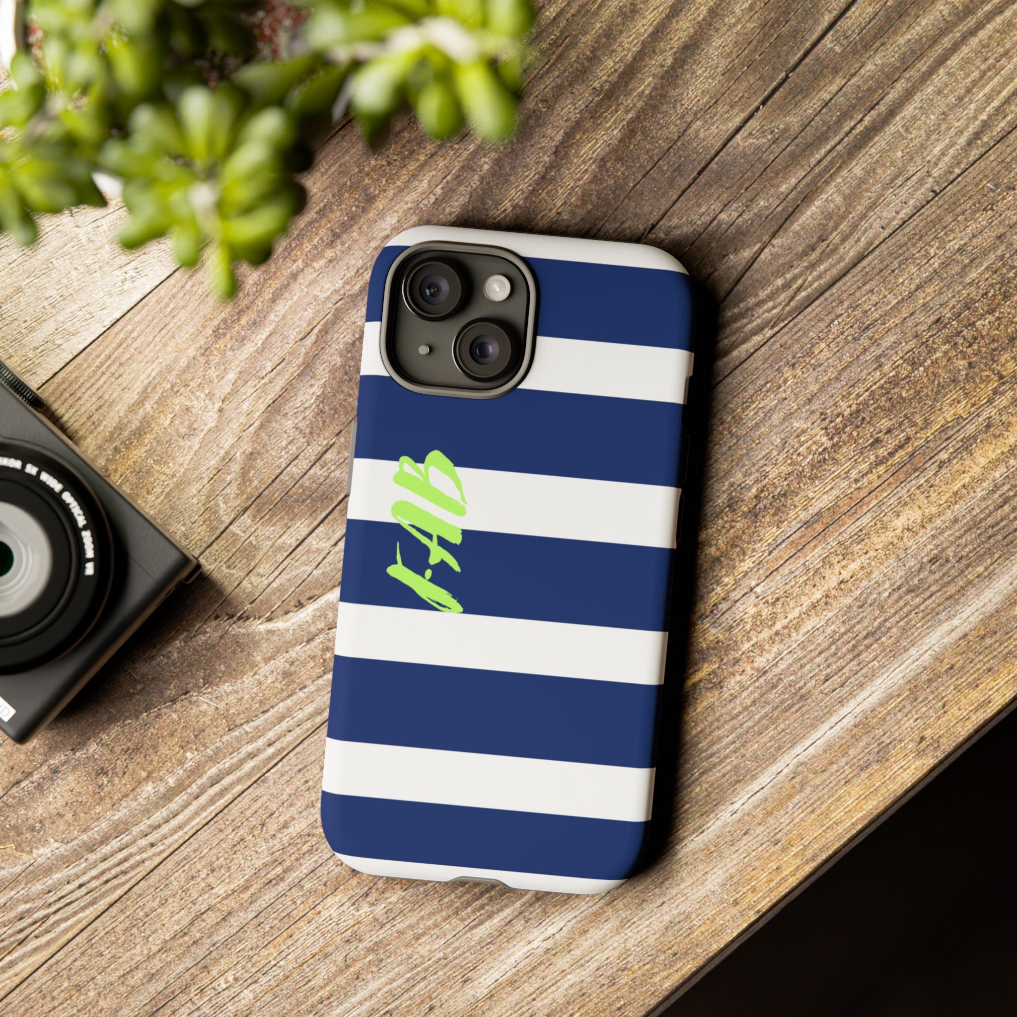 Navy Striped Tough Phone Case — 'Fab' Neon Script Protective Cover