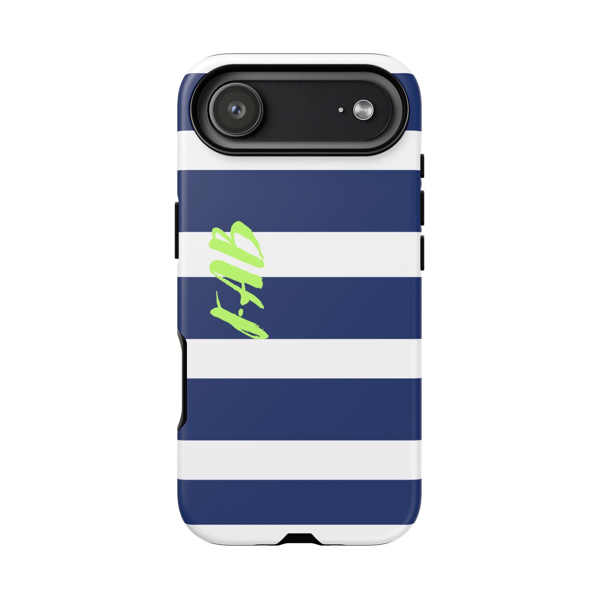 Navy Striped Tough Phone Case — 'Fab' Neon Script Protective Cover