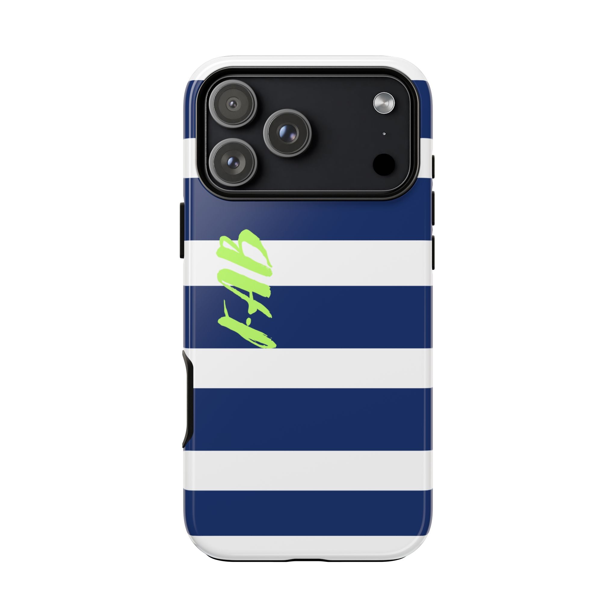 Navy Striped Tough Phone Case — 'Fab' Neon Script Protective Cover