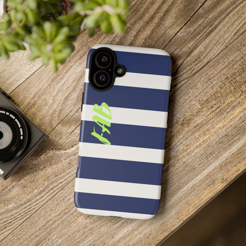 Navy Striped Tough Phone Case — 'Fab' Neon Script Protective Cover