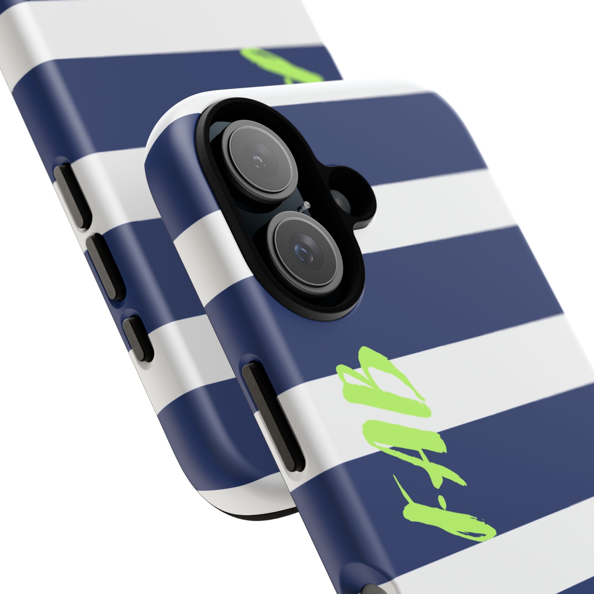 Navy Striped Tough Phone Case — 'Fab' Neon Script Protective Cover
