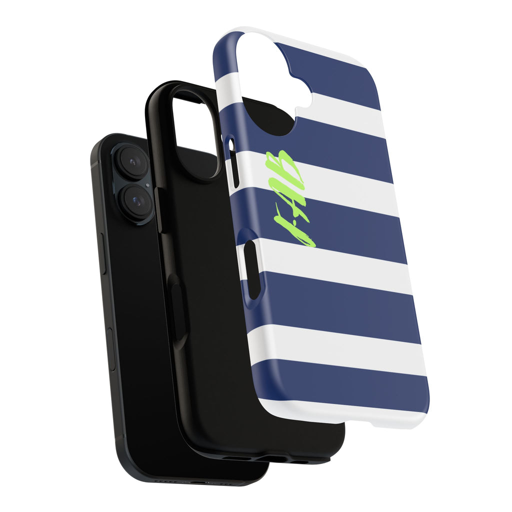 Navy Striped Tough Phone Case — 'Fab' Neon Script Protective Cover