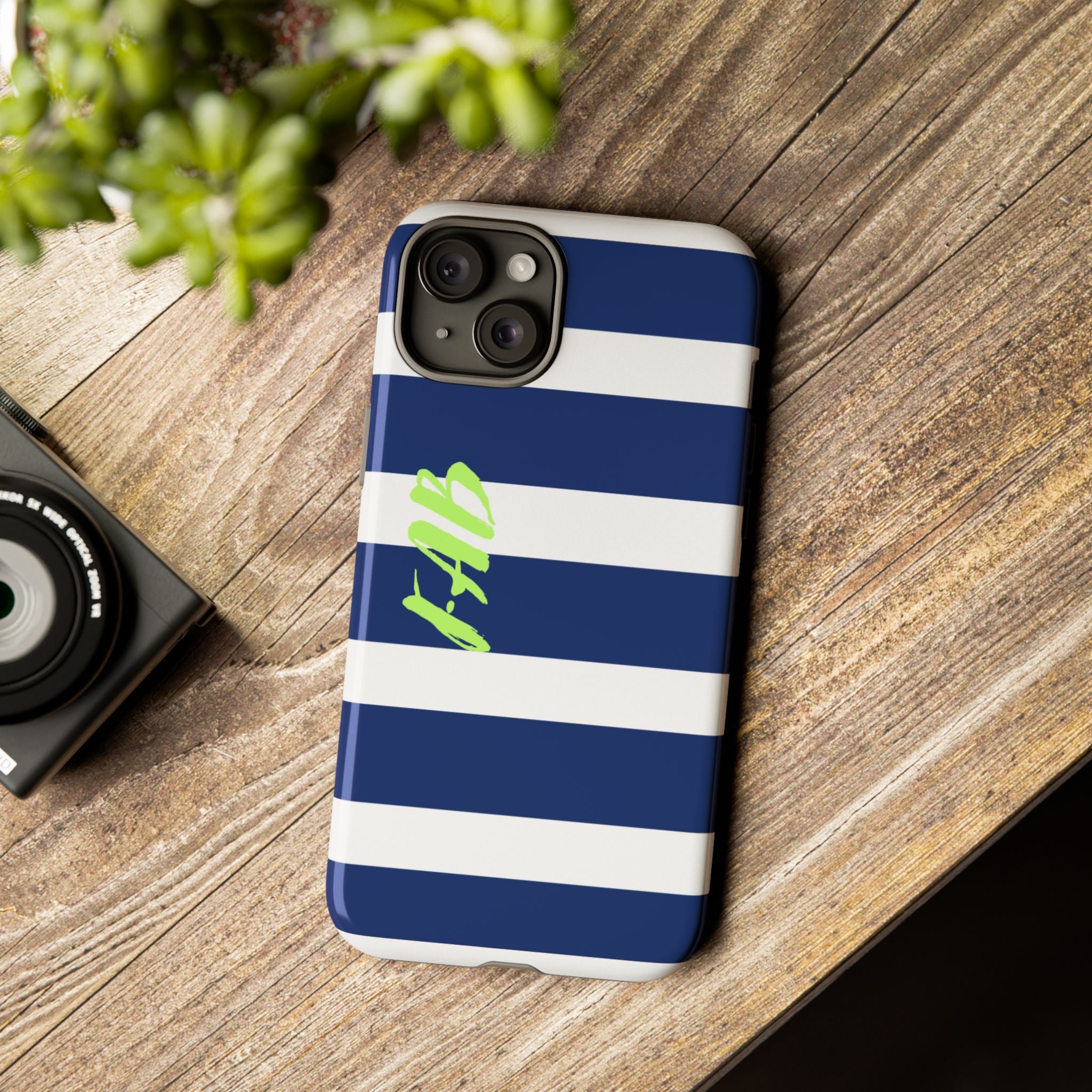 Navy Striped Tough Phone Case — 'Fab' Neon Script Protective Cover