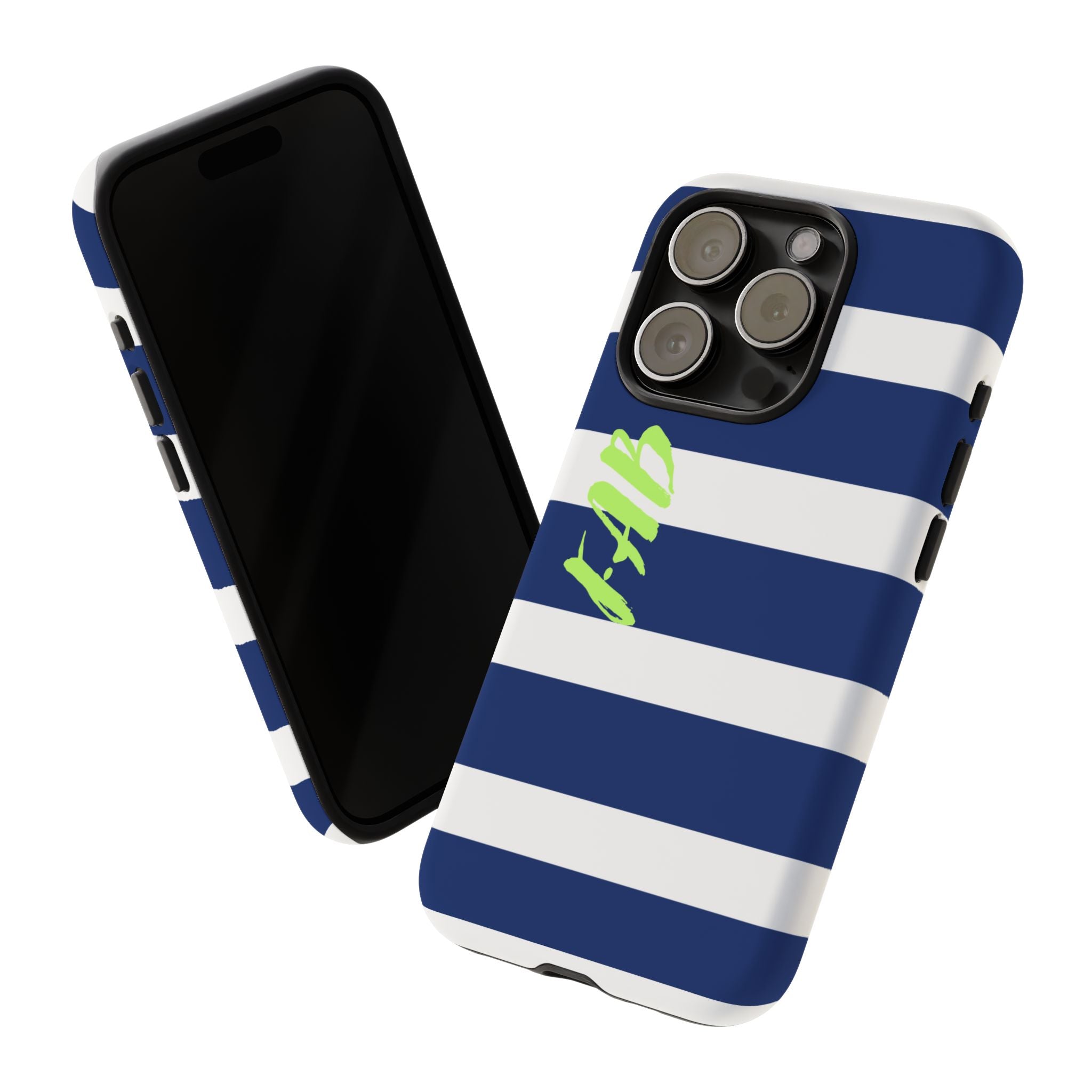Navy Striped Tough Phone Case — 'Fab' Neon Script Protective Cover