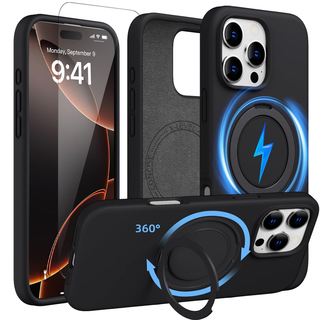 X-level Magnetic Case for iPhone 16 Pro Max with 360° Rotating Ring Stand Compatible Magsafe [Screen Protectors] Silicone Slim Matte Anti-Fingerprint Shockproof Phone Case for 16 Pro Max Black
