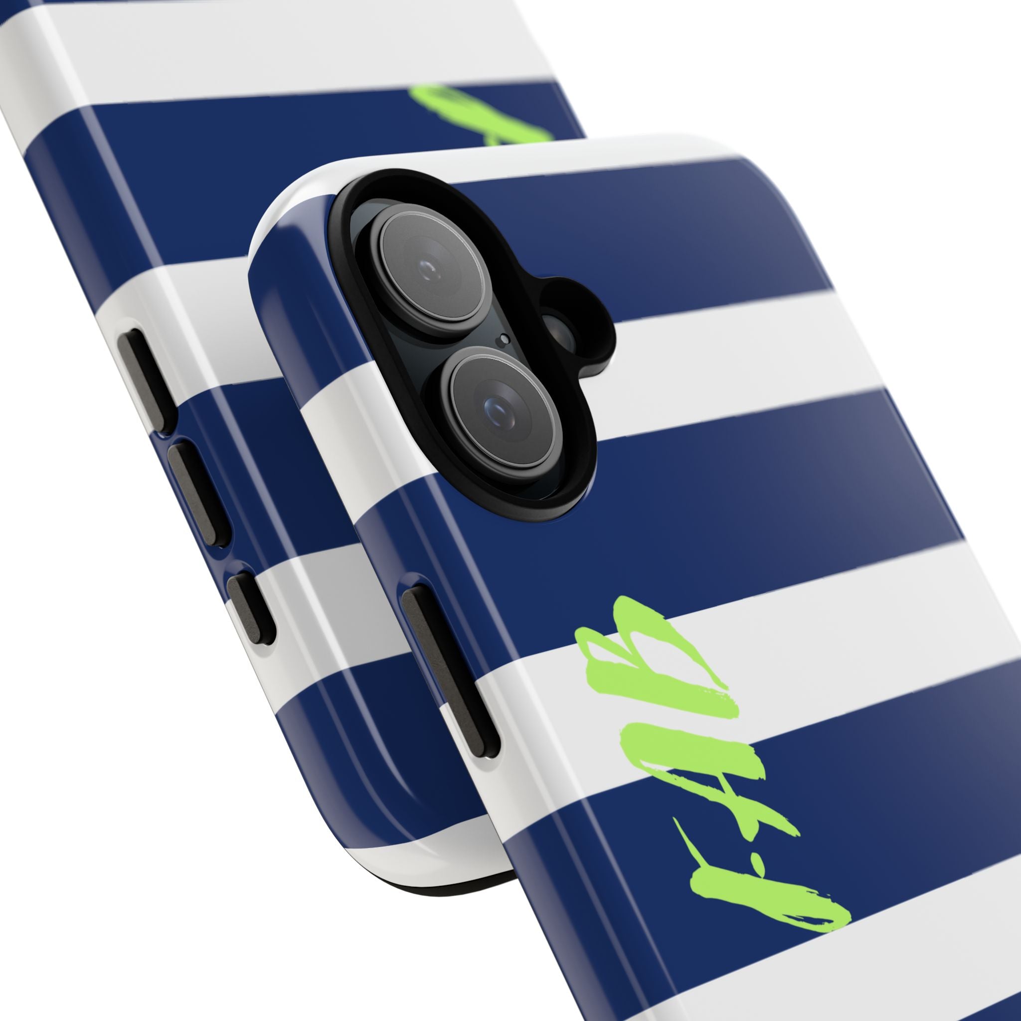 Navy Striped Tough Phone Case — 'Fab' Neon Script Protective Cover