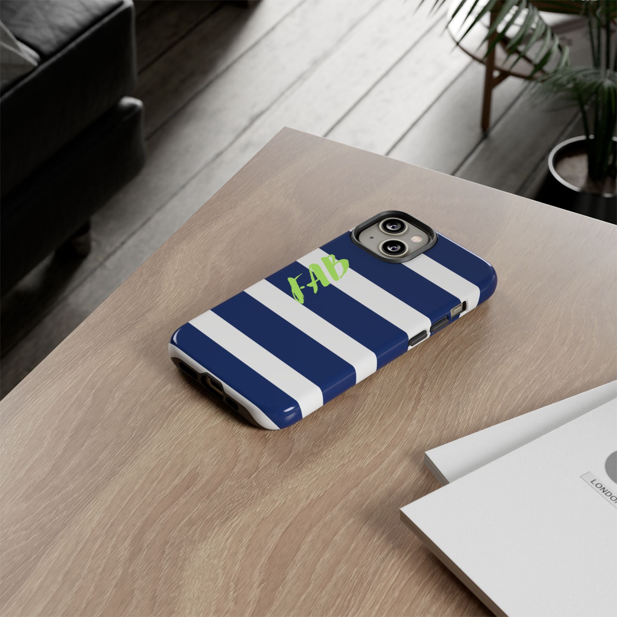 Navy Striped Tough Phone Case — 'Fab' Neon Script Protective Cover