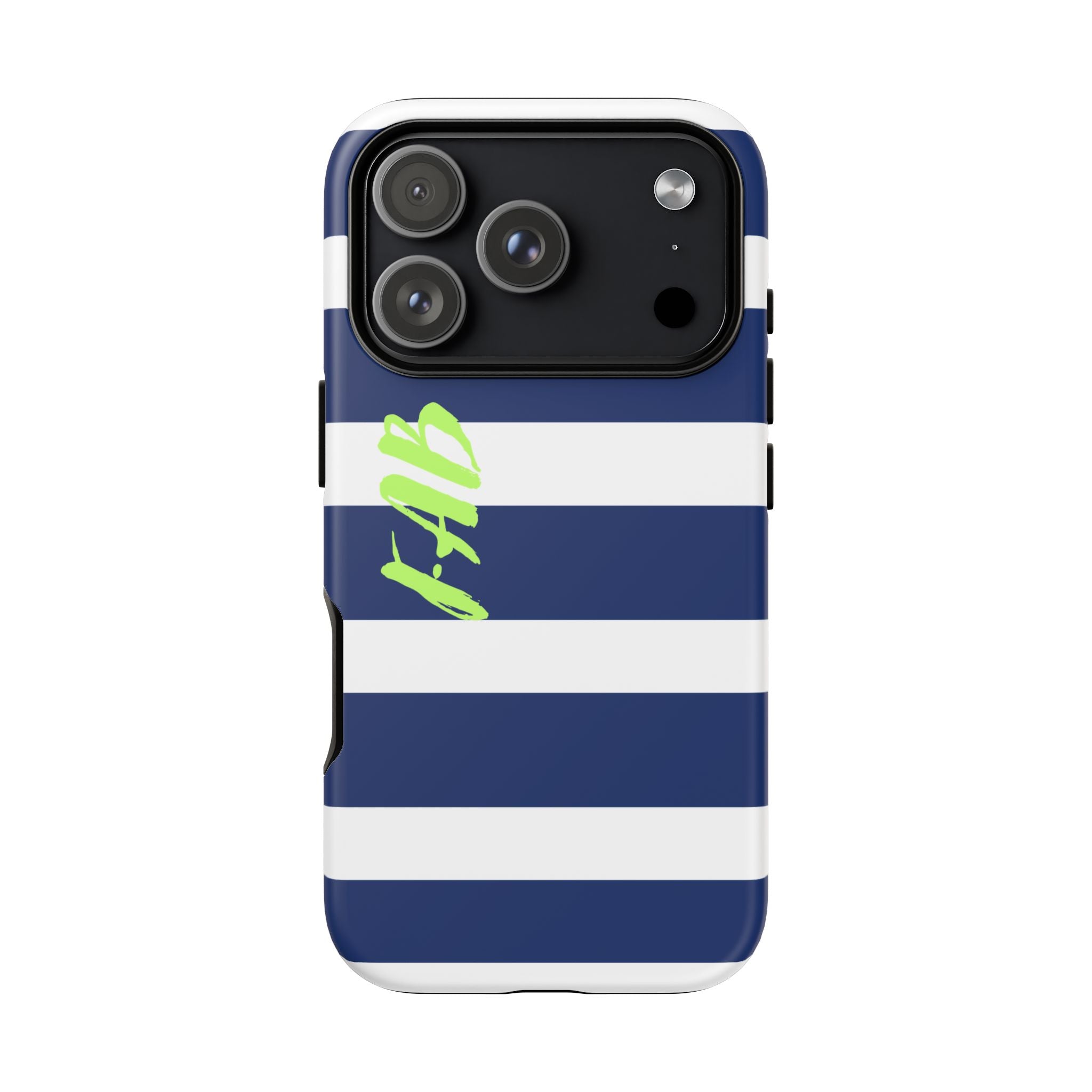 Navy Striped Tough Phone Case — 'Fab' Neon Script Protective Cover