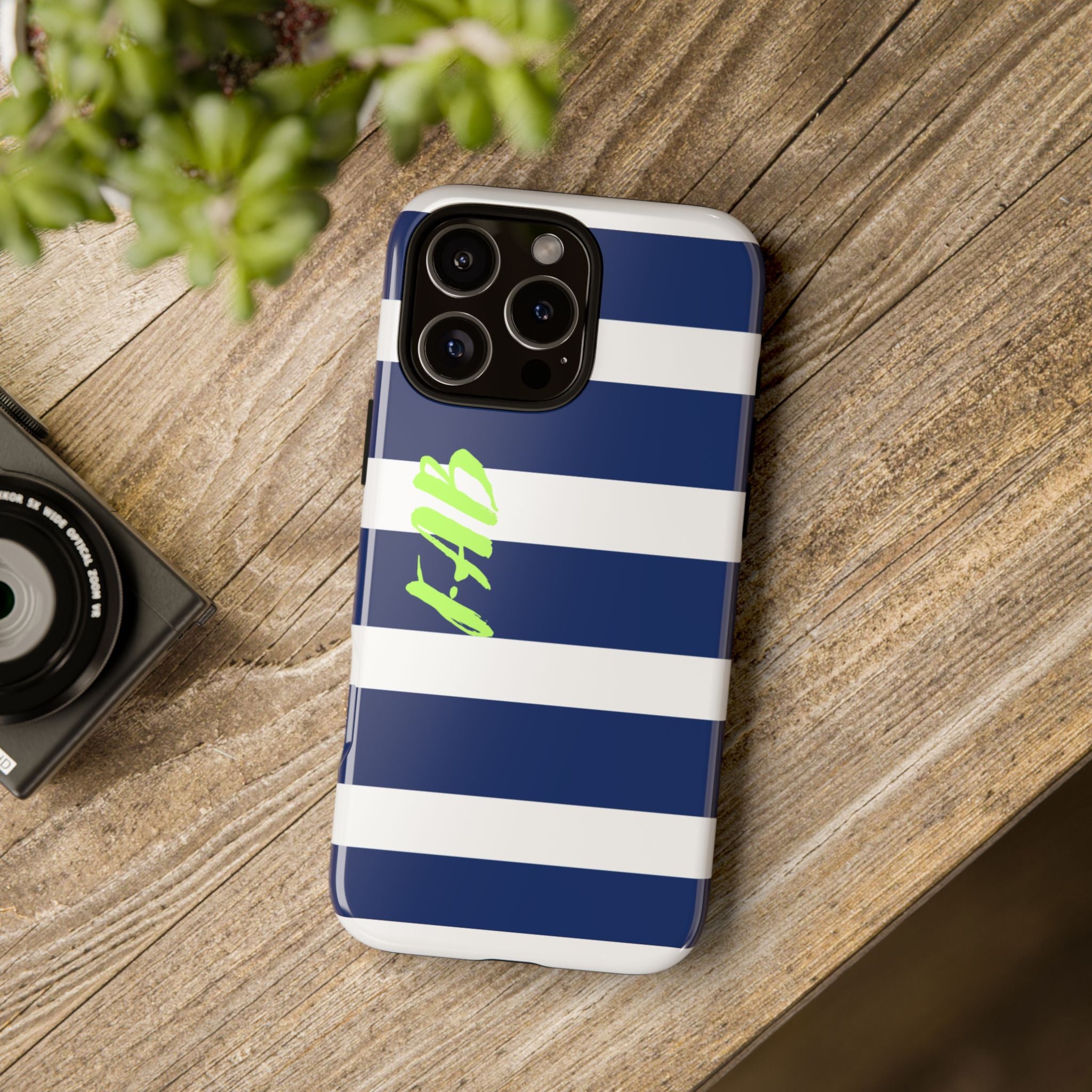 Navy Striped Tough Phone Case — 'Fab' Neon Script Protective Cover