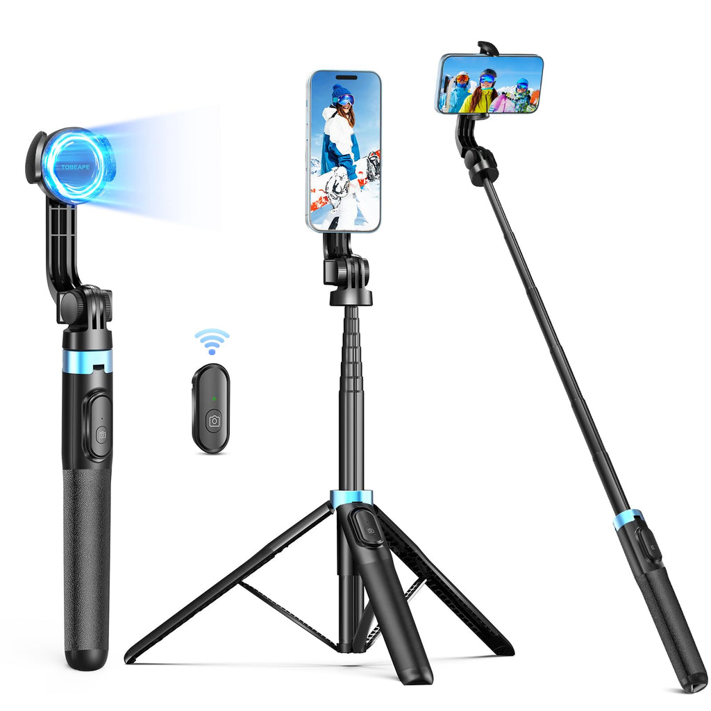 Tobeape Magnetic Tripod for iPhone 16 15 14 13 12 Series 64” Extendable MagStick Selfie Stick Tripod with Remote Minimalistic Magnetic Phone Tripod Compatible with MagSafe