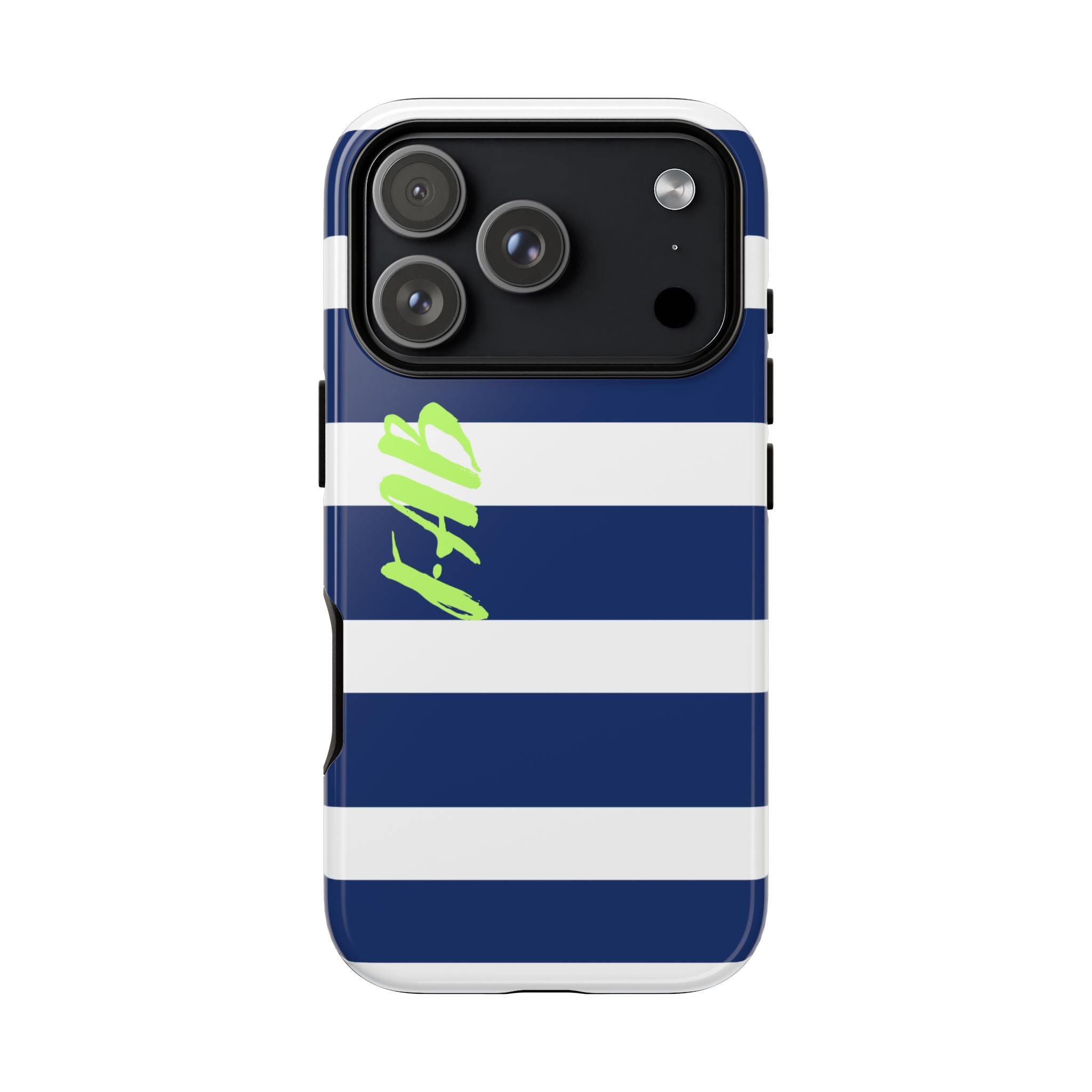 Navy Striped Tough Phone Case — 'Fab' Neon Script Protective Cover
