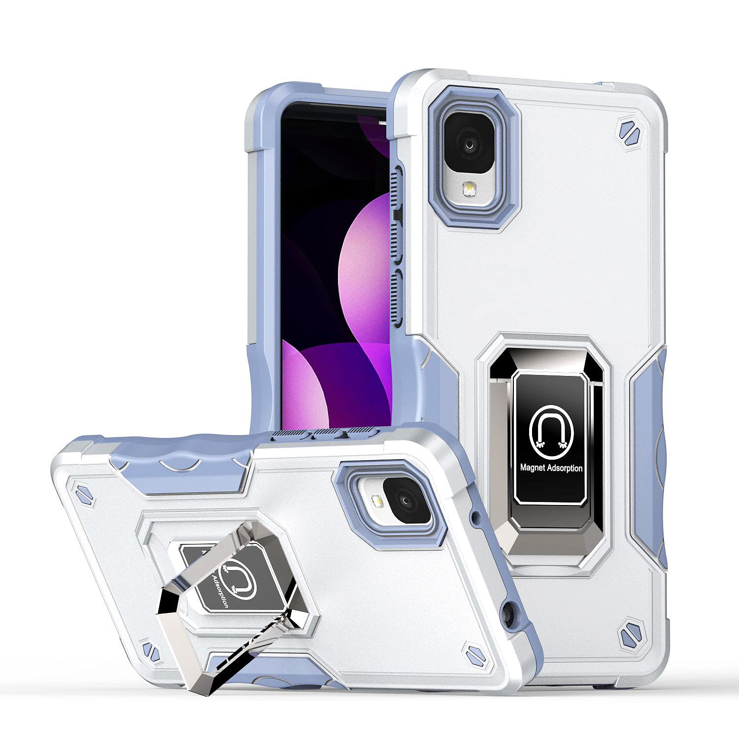 Rosebono Compatible with TCL ION Z Case Hybrid Metal Ring Magnetic Support Kickstand Protective Defender Armor Cover Case (White)