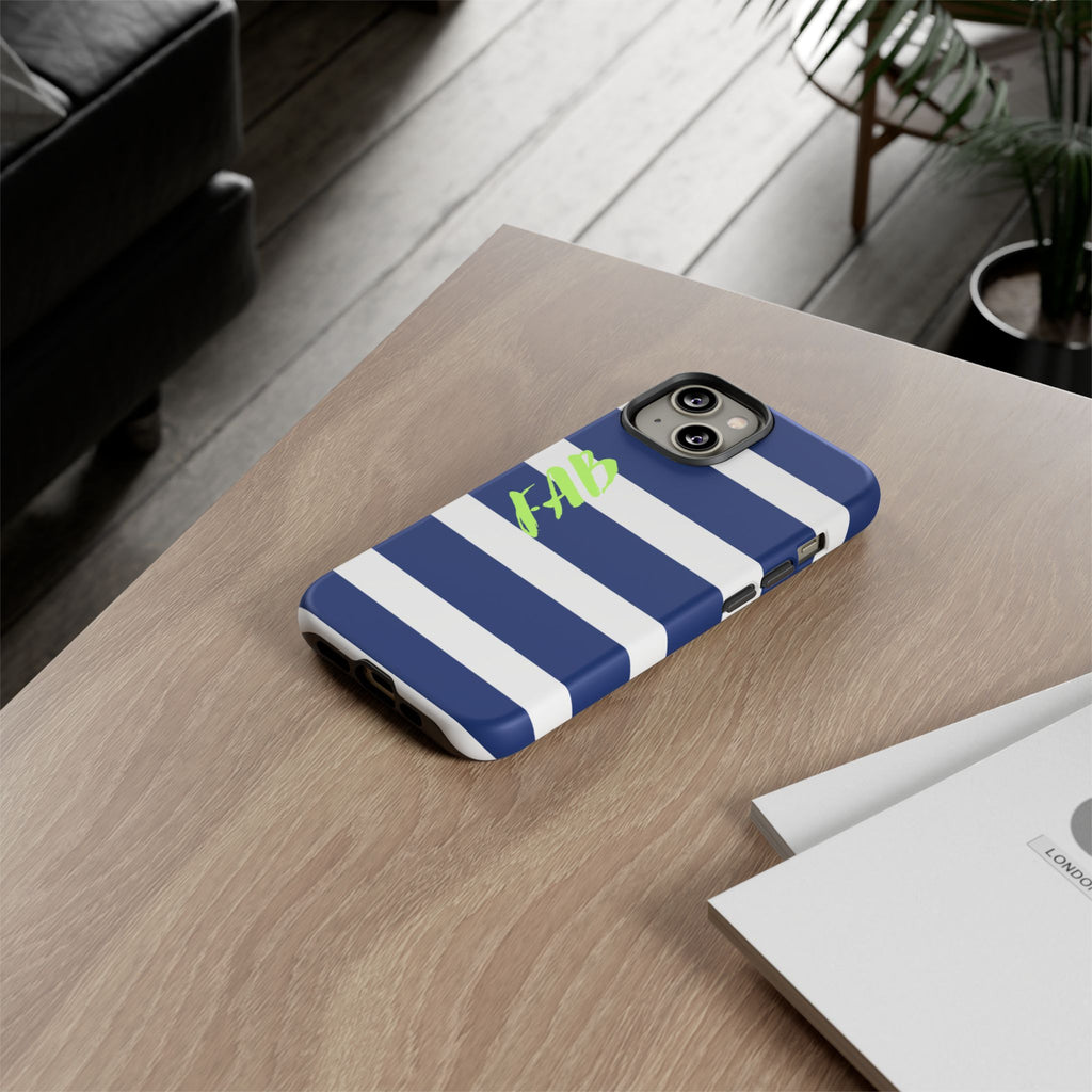Navy Striped Tough Phone Case — 'Fab' Neon Script Protective Cover