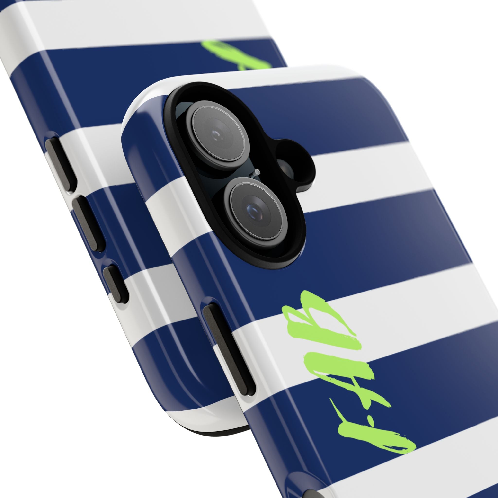 Navy Striped Tough Phone Case — 'Fab' Neon Script Protective Cover