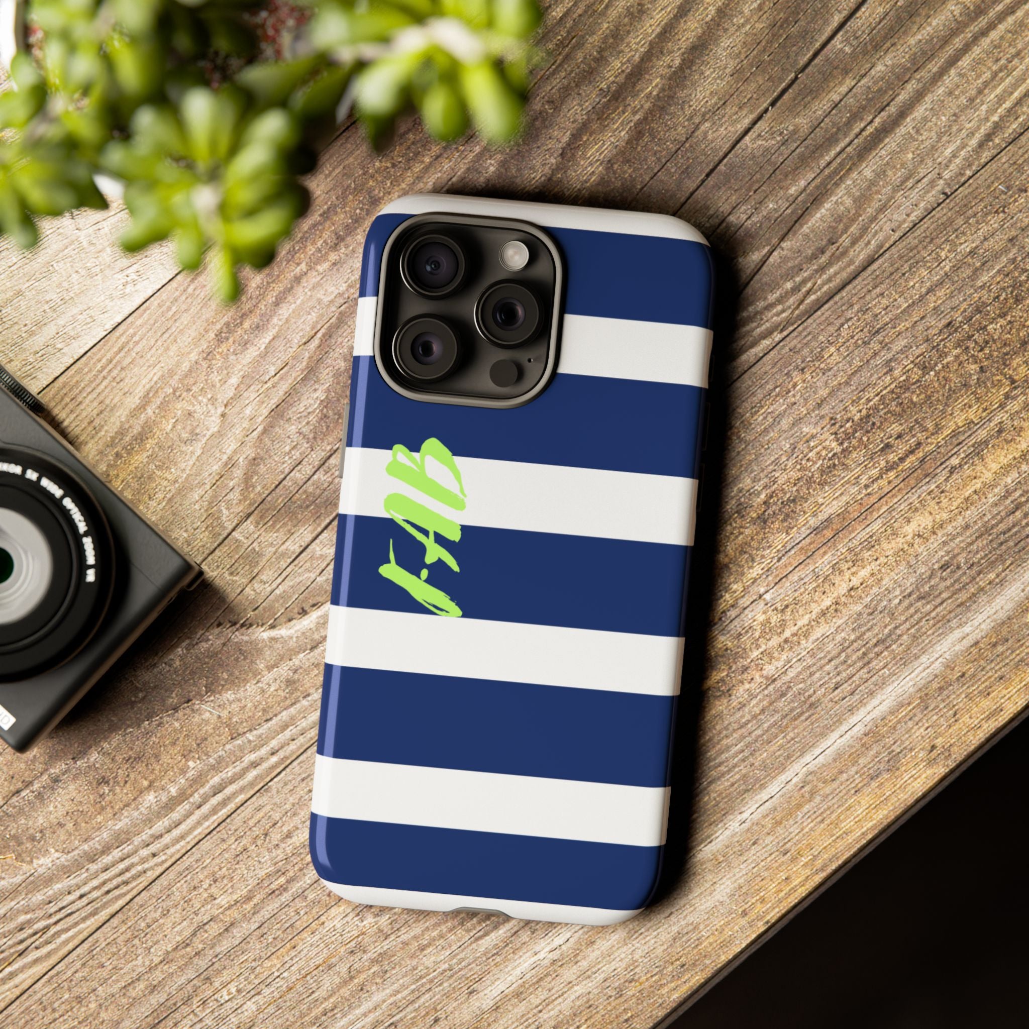 Navy Striped Tough Phone Case — 'Fab' Neon Script Protective Cover