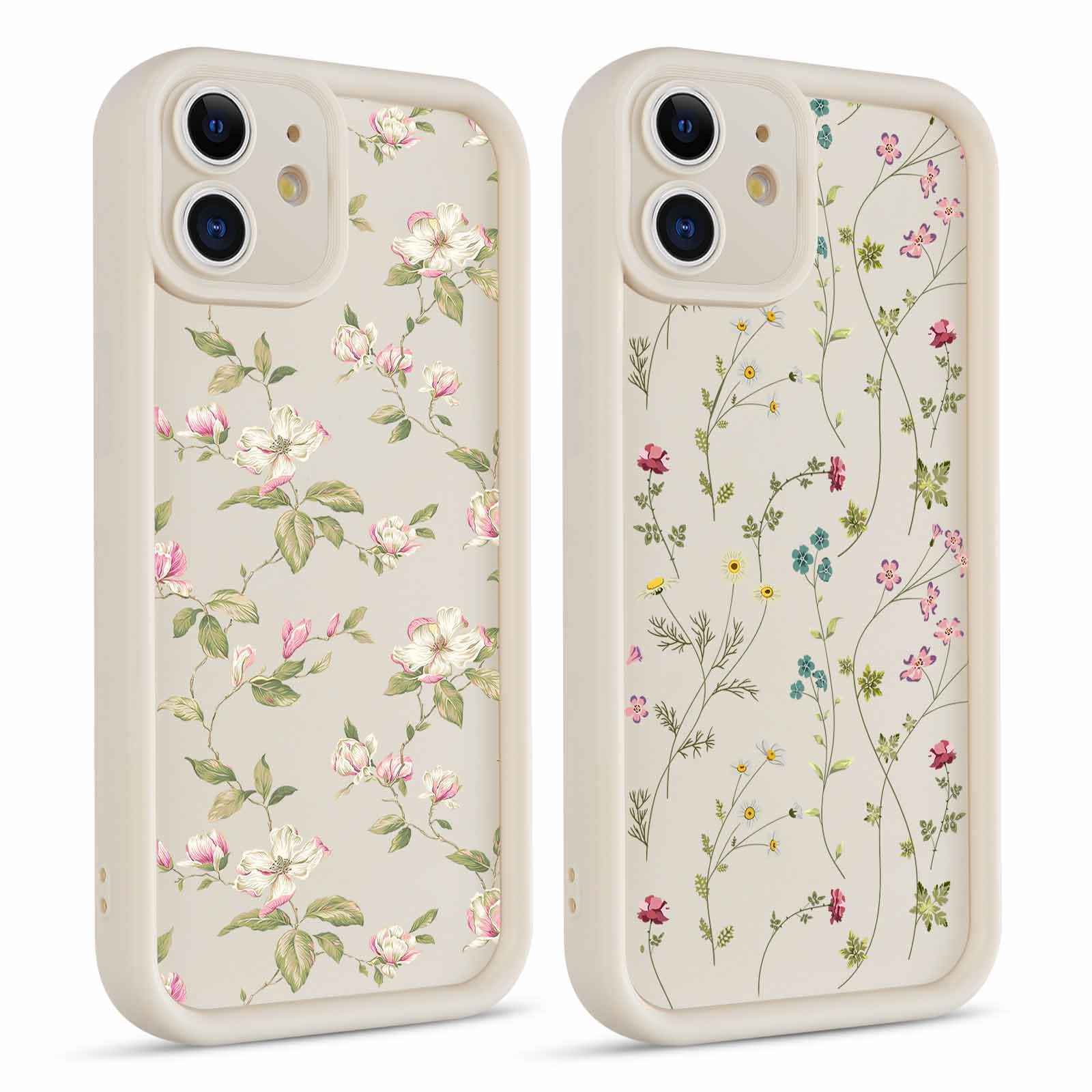 Yomjew 2 Pack Cute Case for iPhone 12 6.1" Flower Floral Silicone Matte Full Camera Lens Pattern Aesthetic Design Soft Slim Frame Protective Shockproof TPU Phone Cover for Women Girl-Flower Floral 03