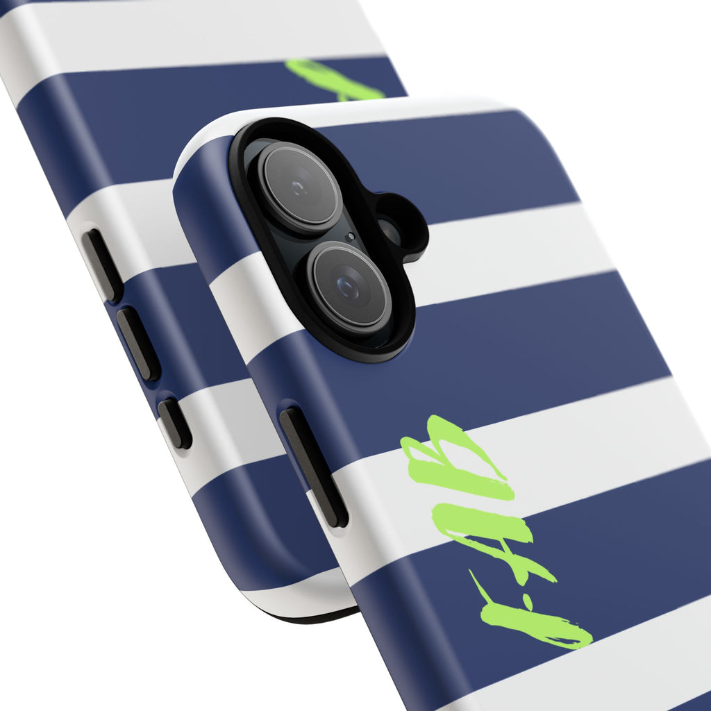 Navy Striped Tough Phone Case — 'Fab' Neon Script Protective Cover