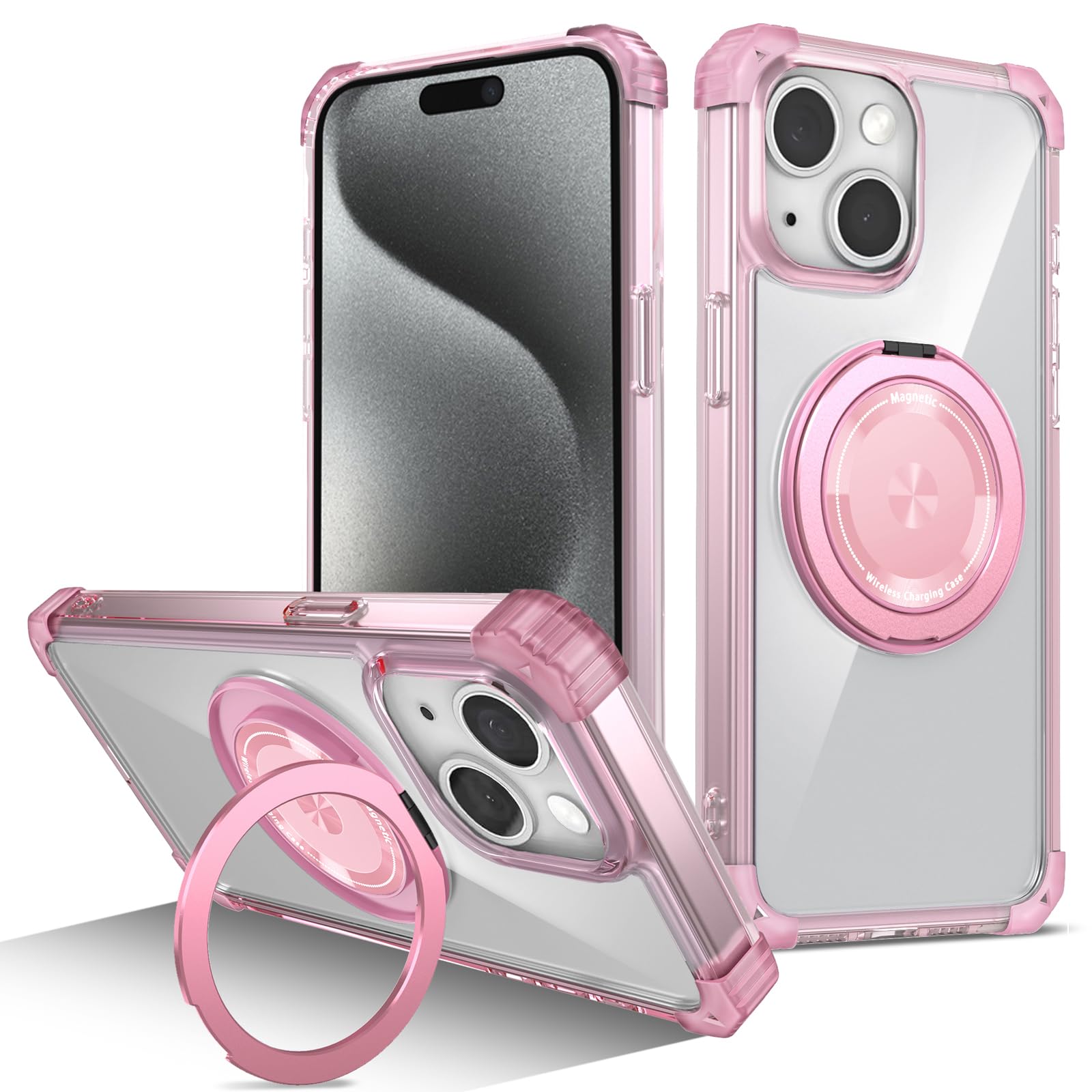 ZinLyuen for iPhone 15 Plus Case 360 Rotatable Magnetic Ring Holder Compatible with MagSafe Military Grade Shockproof Clear Case for 15 PlusPink