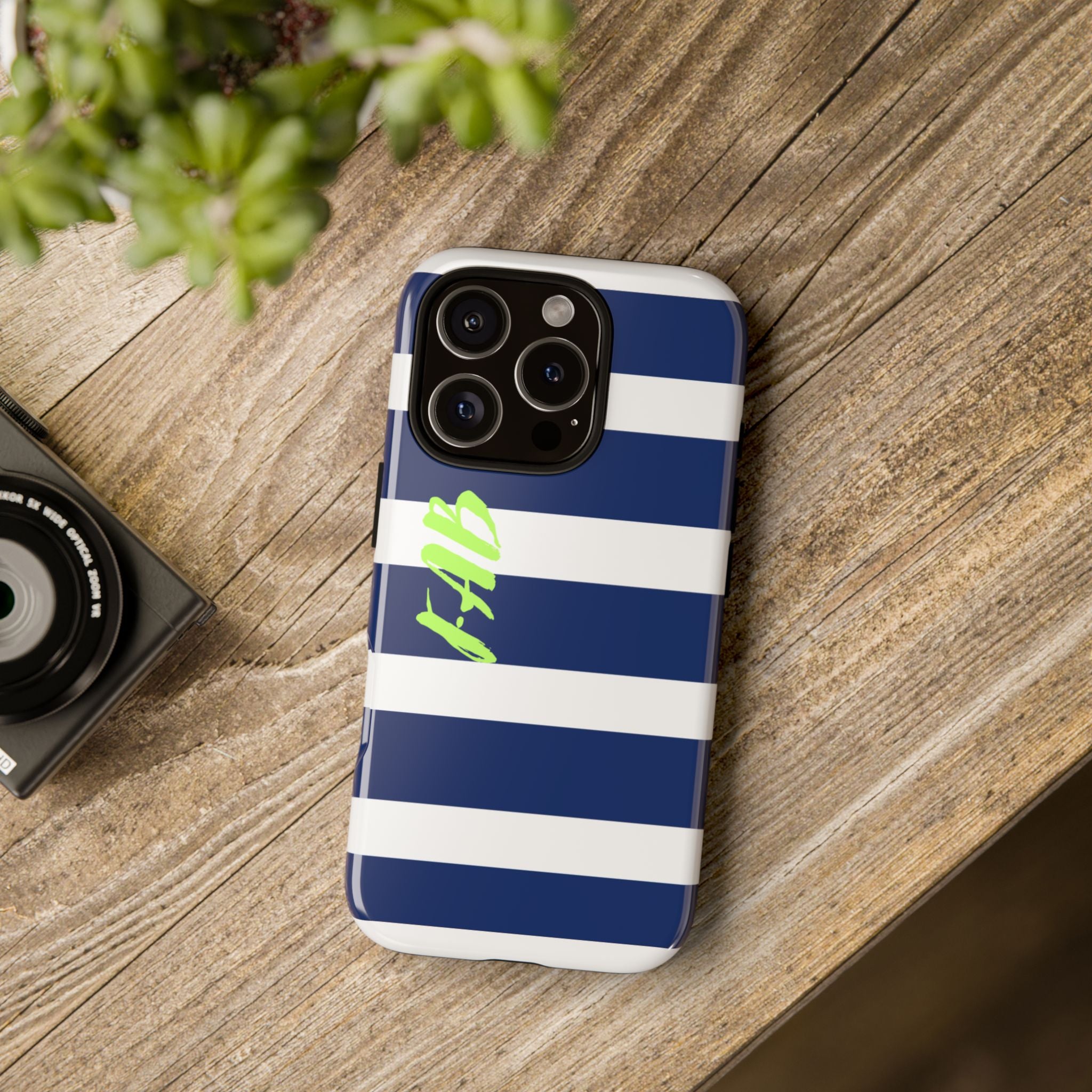 Navy Striped Tough Phone Case — 'Fab' Neon Script Protective Cover