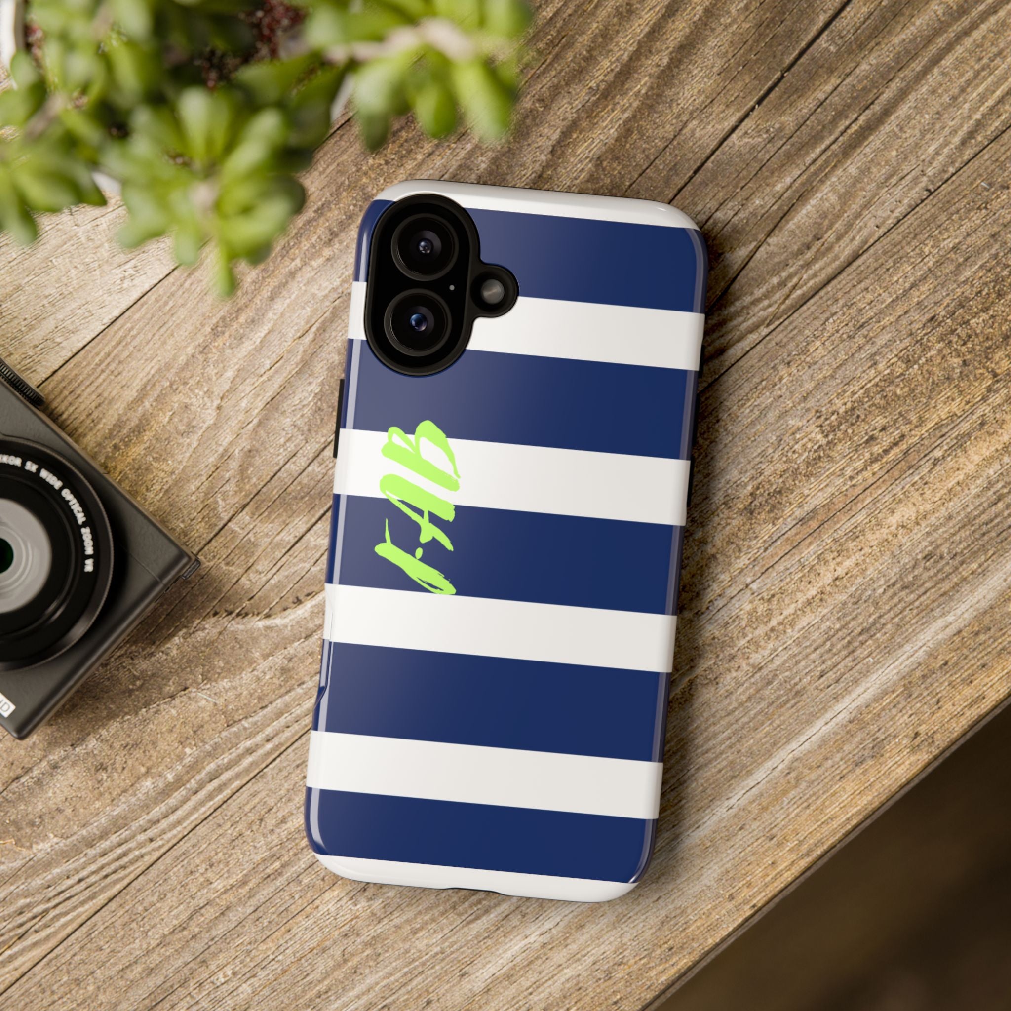 Navy Striped Tough Phone Case — 'Fab' Neon Script Protective Cover