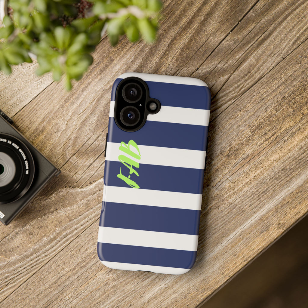 Navy Striped Tough Phone Case — 'Fab' Neon Script Protective Cover