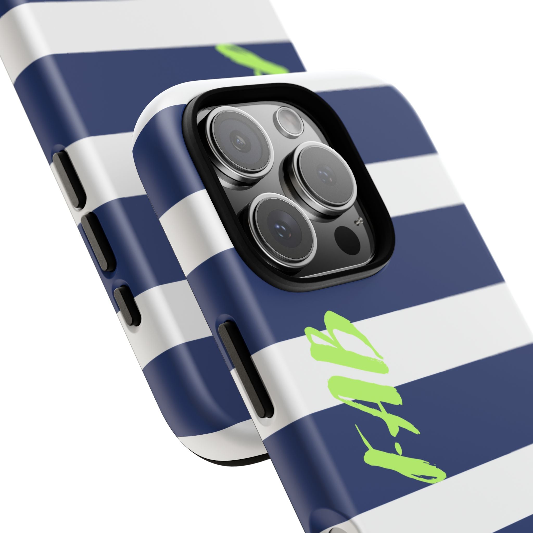 Navy Striped Tough Phone Case — 'Fab' Neon Script Protective Cover