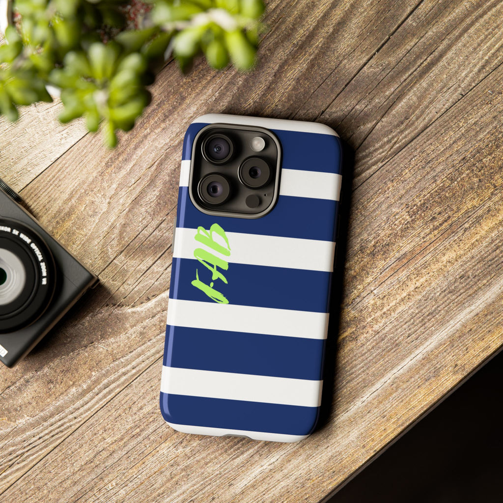 Navy Striped Tough Phone Case — 'Fab' Neon Script Protective Cover