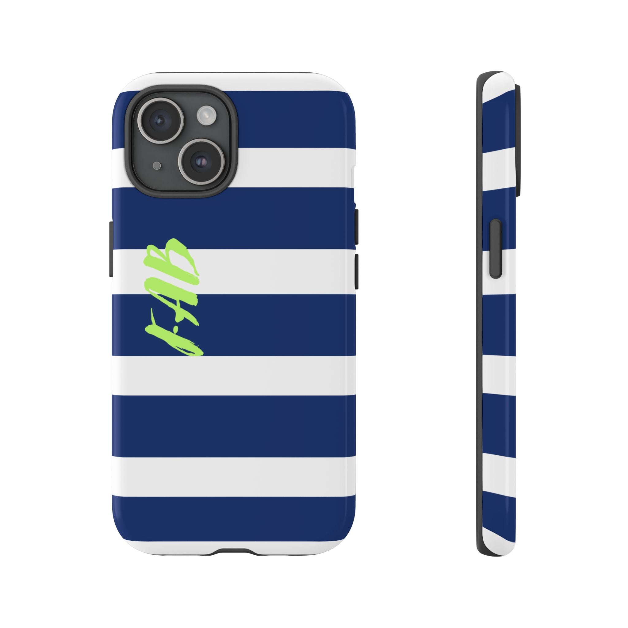 Navy Striped Tough Phone Case — 'Fab' Neon Script Protective Cover