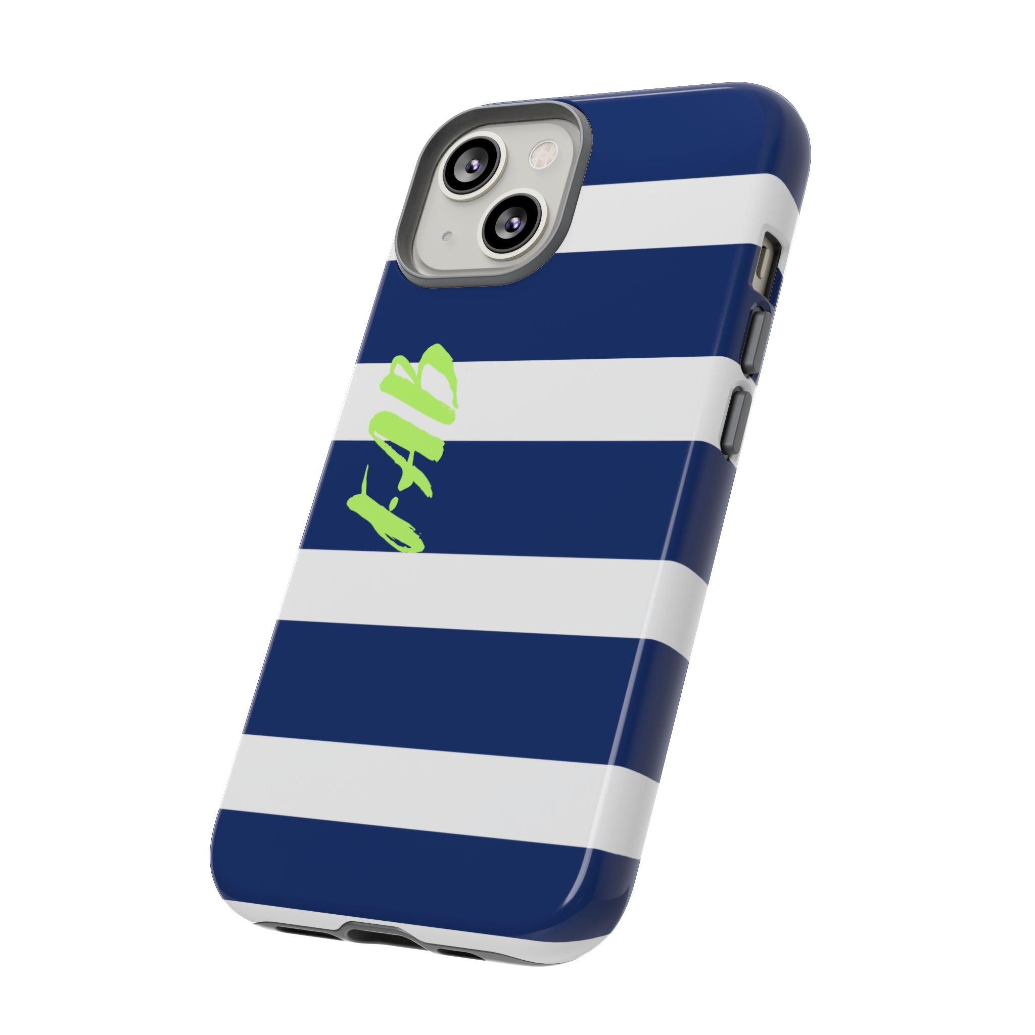 Navy Striped Tough Phone Case — 'Fab' Neon Script Protective Cover