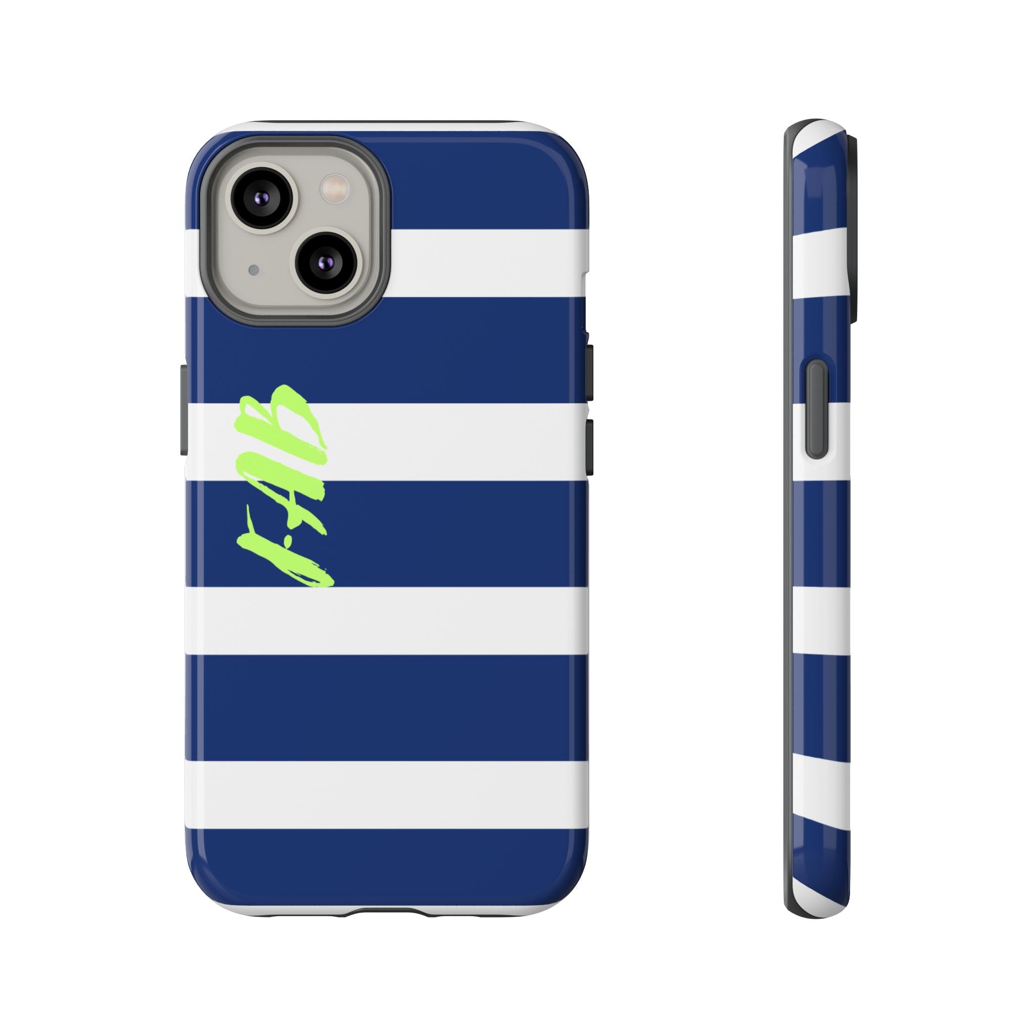 Navy Striped Tough Phone Case — 'Fab' Neon Script Protective Cover