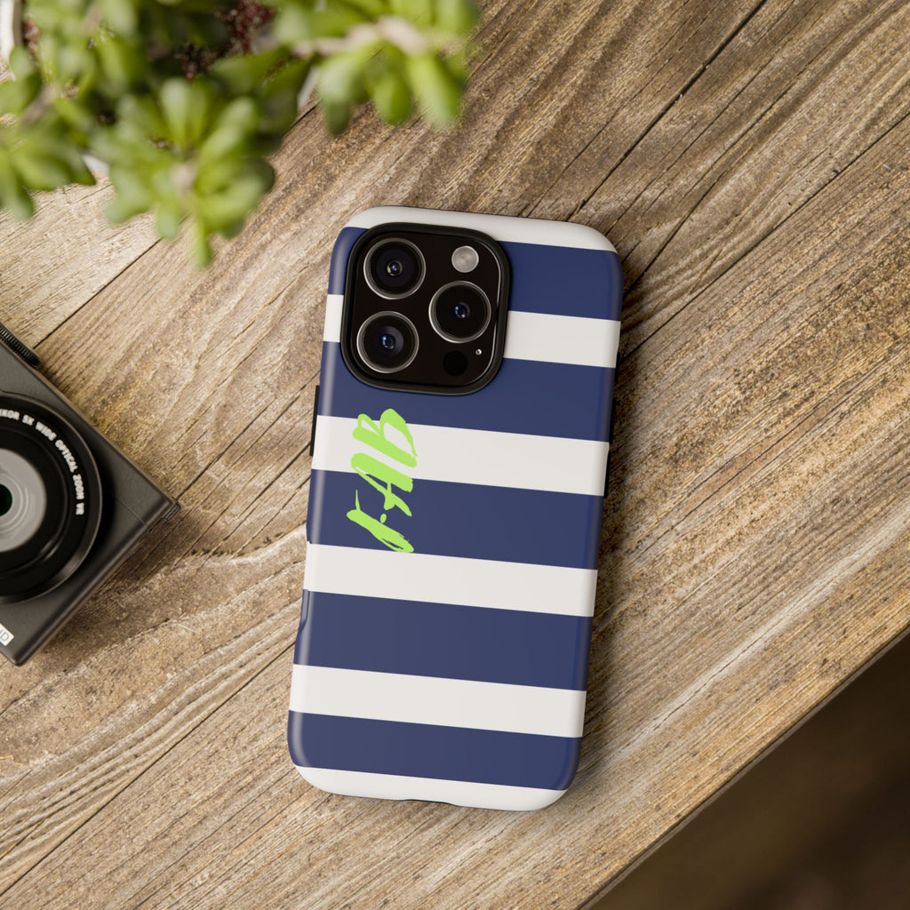 Navy Striped Tough Phone Case — 'Fab' Neon Script Protective Cover