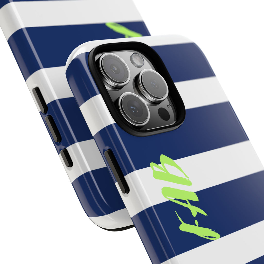 Navy Striped Tough Phone Case — 'Fab' Neon Script Protective Cover