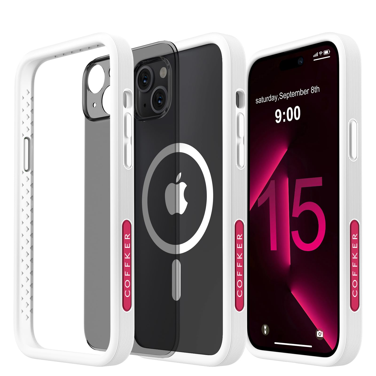 COFFKER Silicone Magnetic for iPhone 15 Case [Compatible with Magsafe] 2 Pack [Anti-Scratch] Clear & Matte Back Slim Thin Shockproof Protective Bumper Phone Case for iPhone 15 6.1" White