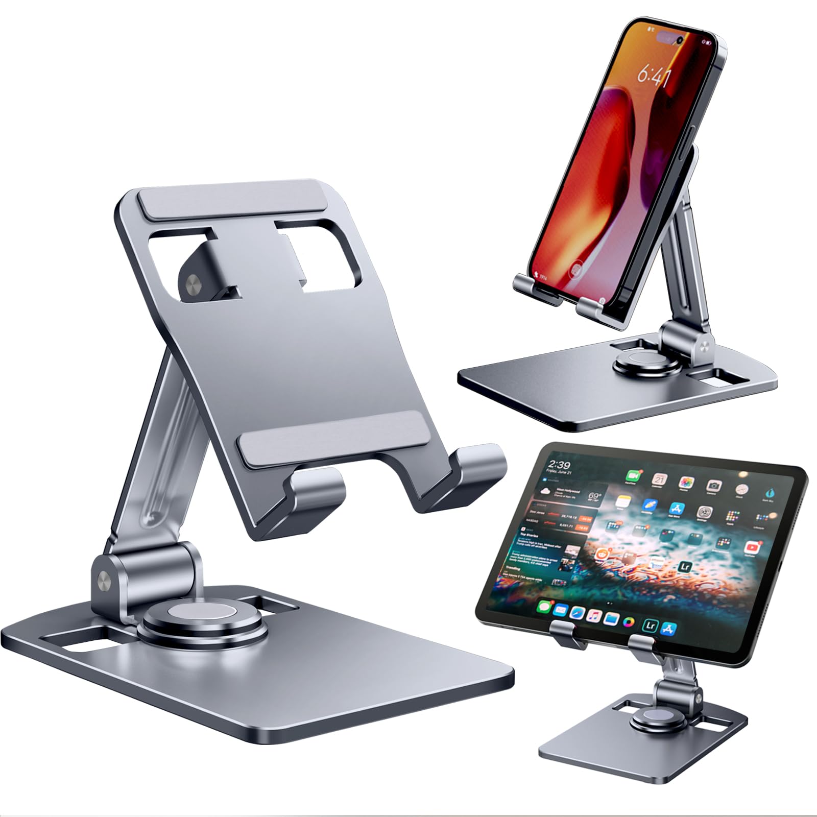 nediea Cell Phone Stand for Desk Foldable Mobile Phone Stand 360 Degree Rotation Aluminum Phone Holder Compatible with iPhone and Other 4-12.9 Inches Smartphones and Tablets (Gray)