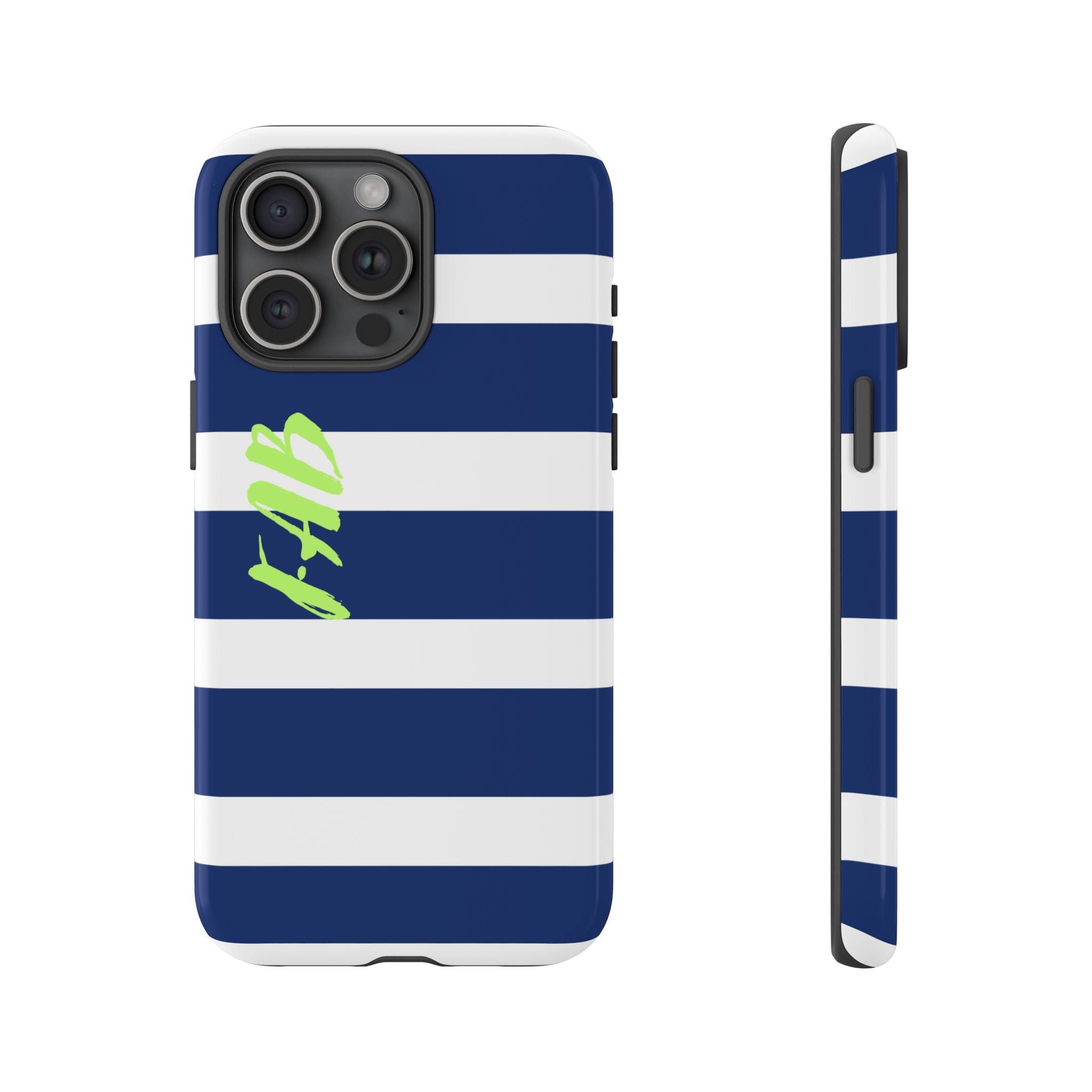 Navy Striped Tough Phone Case — 'Fab' Neon Script Protective Cover