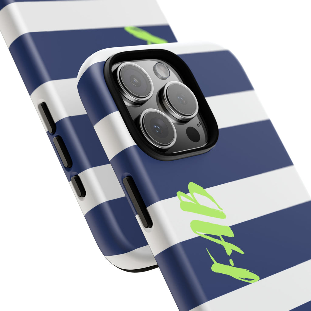 Navy Striped Tough Phone Case — 'Fab' Neon Script Protective Cover