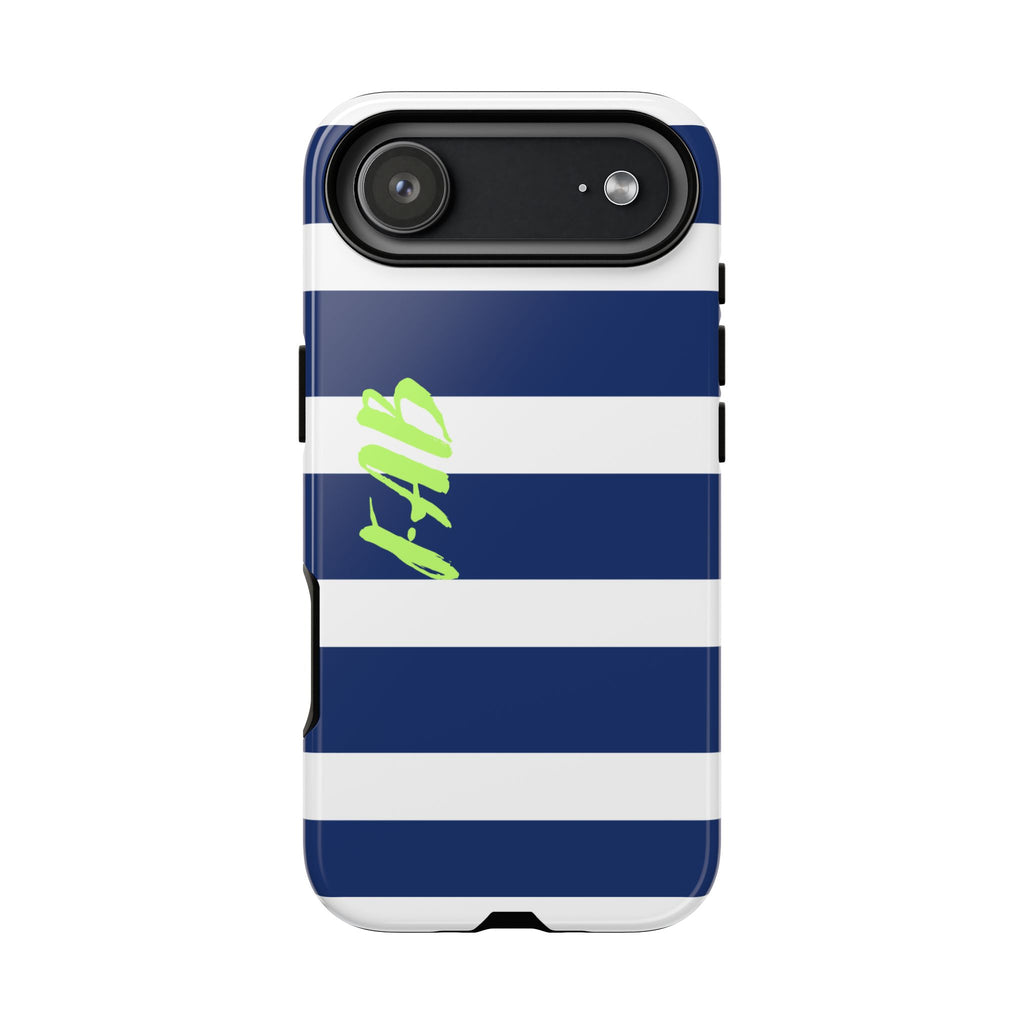 Navy Striped Tough Phone Case — 'Fab' Neon Script Protective Cover