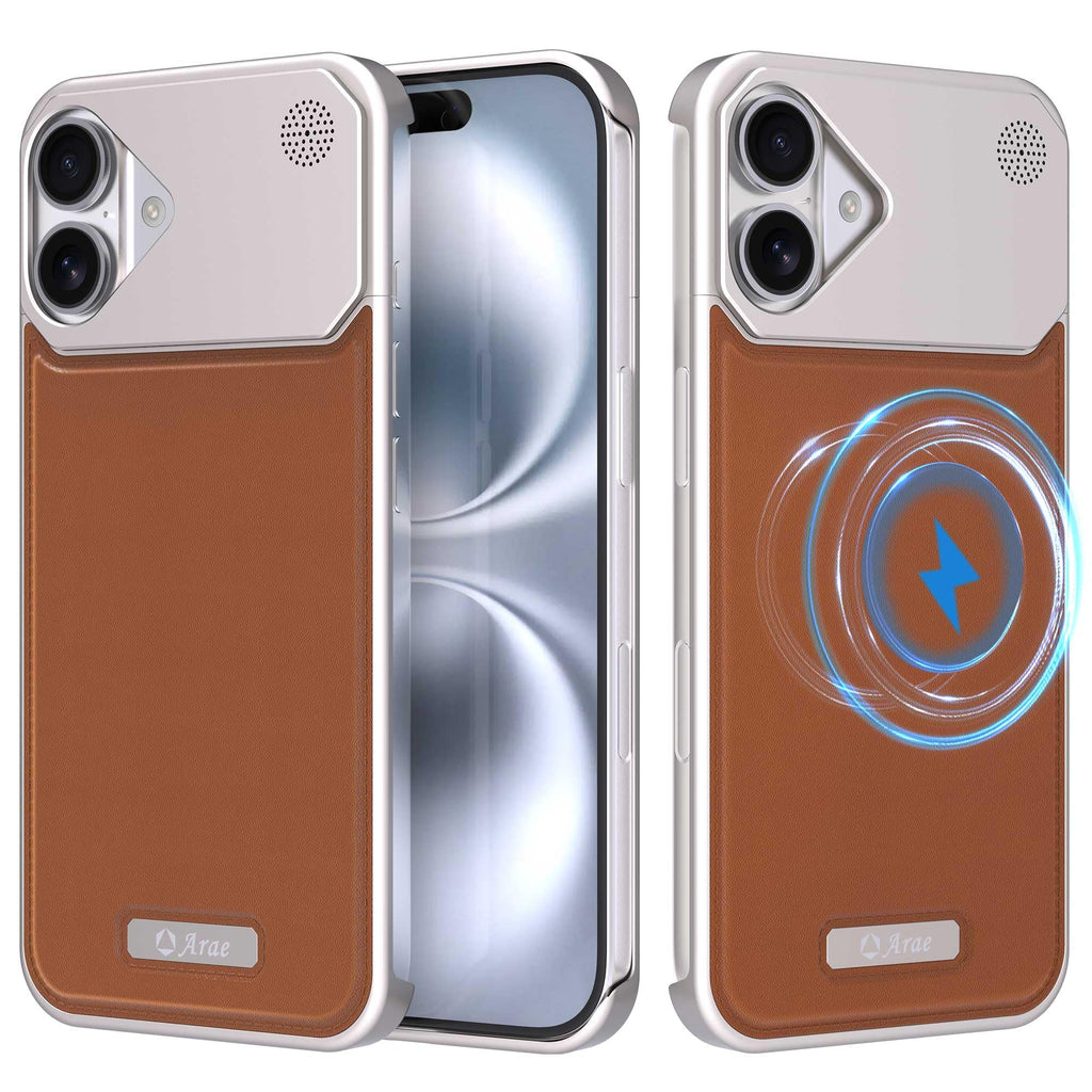 Arae Magnetic Designed for iPhone 16 Plus Case Compatible with Magsafe Drop Camera Protection Anti-Scratch Slim Luxury Leather Aluminum Case for iPhone 16 Plus 6.7 inchBrown