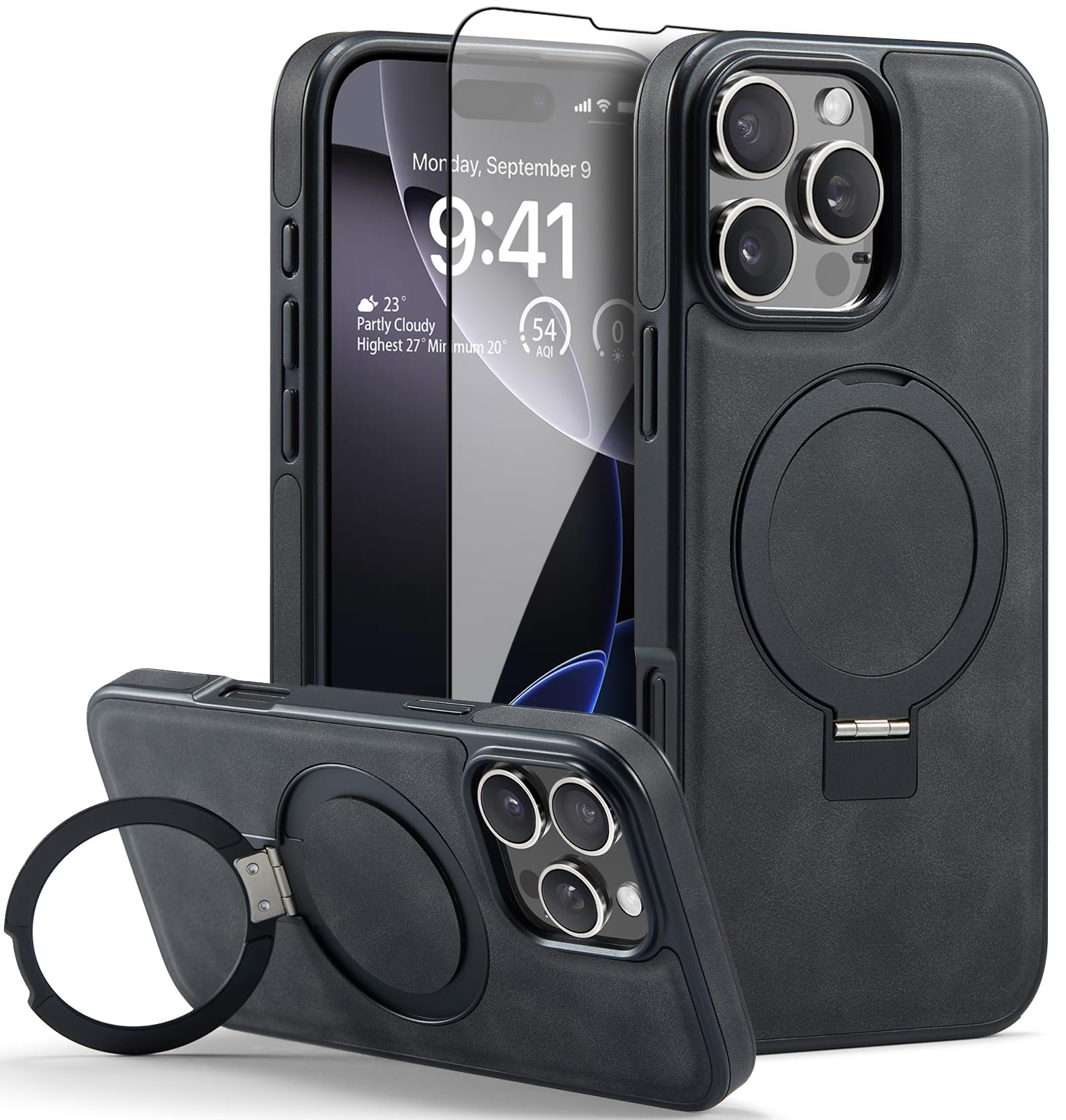Casus Designed for iPhone 15 Pro Max Case Compatible with MagSafe Kickstand Vegan Leather Slim Classic Luxury Elegant Thin Protective Cover (2023) 6.7" (Black)