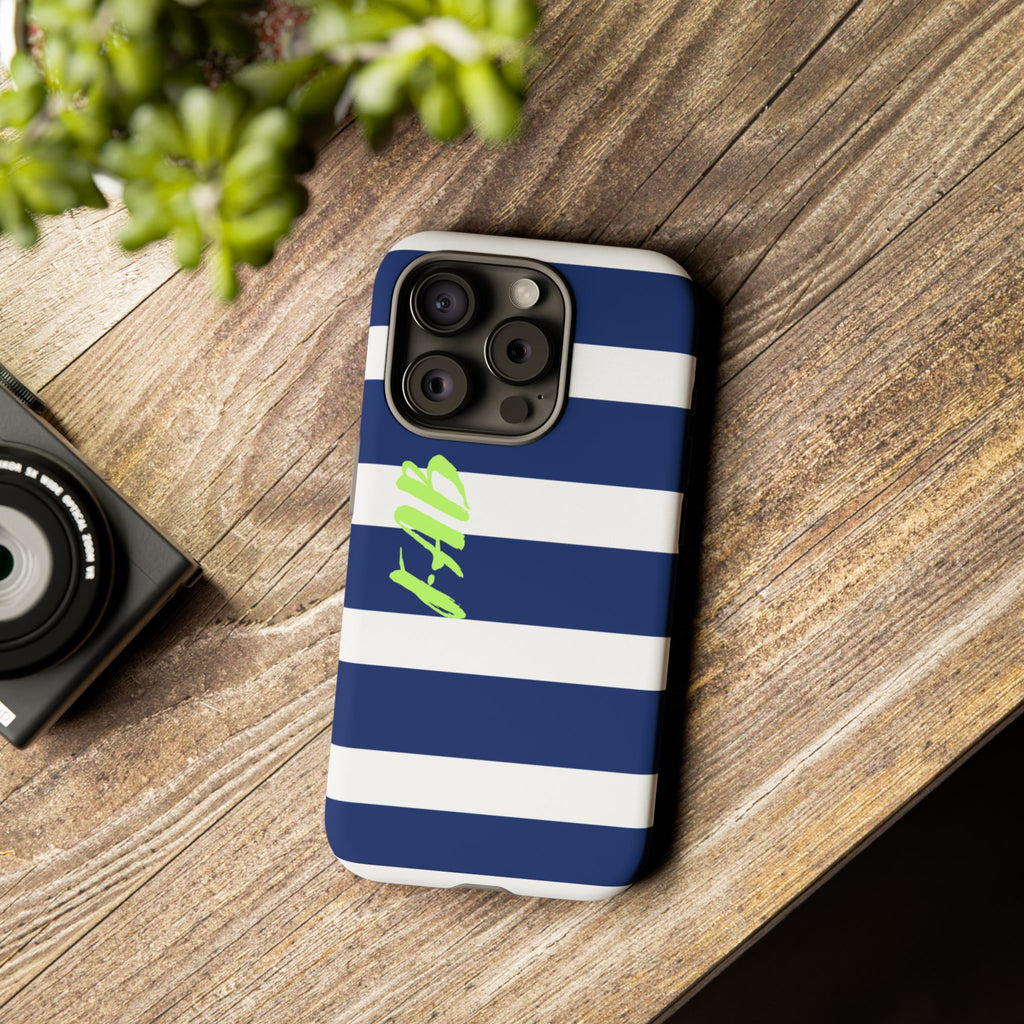 Navy Striped Tough Phone Case — 'Fab' Neon Script Protective Cover