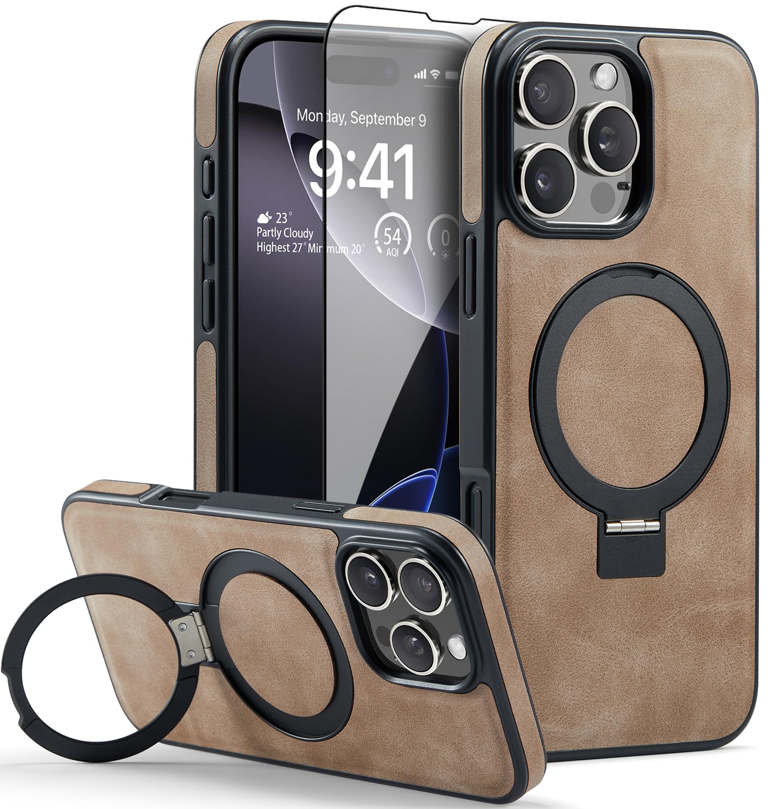 Casus Designed for iPhone 15 Pro Max Case Compatible with MagSafe Kickstand Vegan Leather Slim Classic Luxury Elegant Thin Protective Cover (2023) 6.7" (Black)
