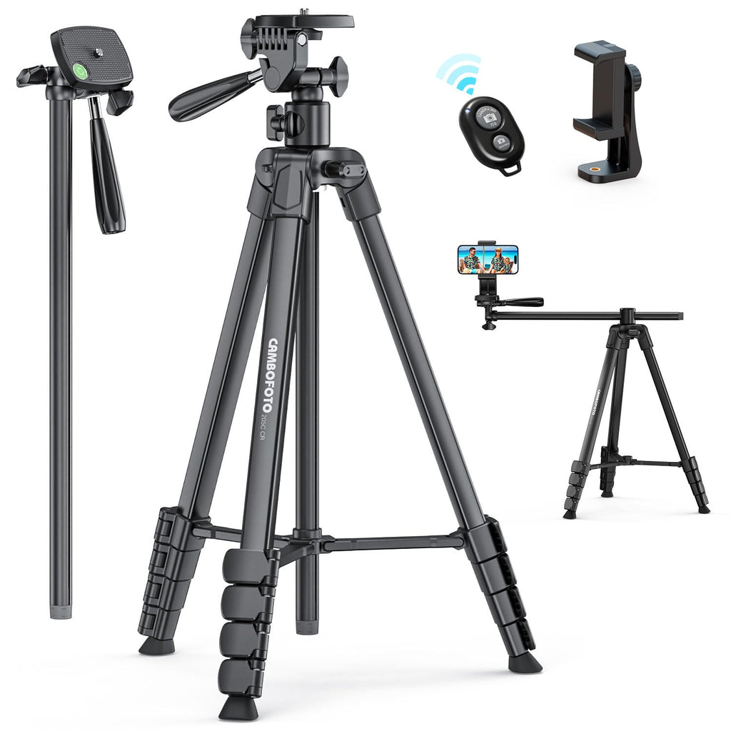 CAMBOFOTO 73"-Phone-Tripod-with-Horizontal-Overhead Selfie Stick/Tall Travel Tripod Stand with Wireless Remote and iPhone Holder Mirrorless/Compact/GoPro Camera Tripod Compatible iPhone/Smartphone