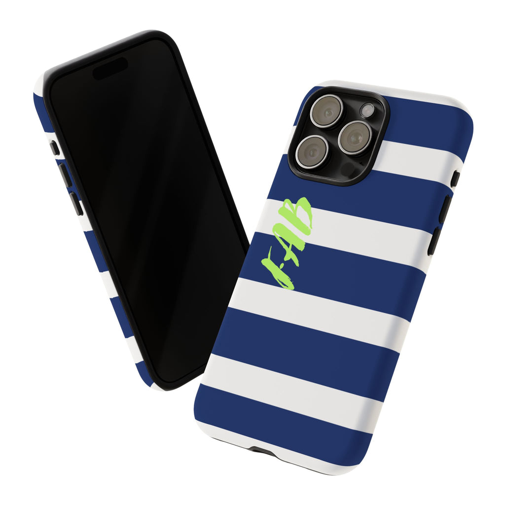 Navy Striped Tough Phone Case — 'Fab' Neon Script Protective Cover