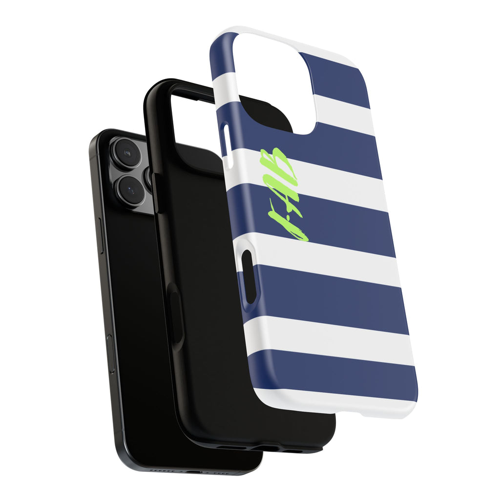 Navy Striped Tough Phone Case — 'Fab' Neon Script Protective Cover